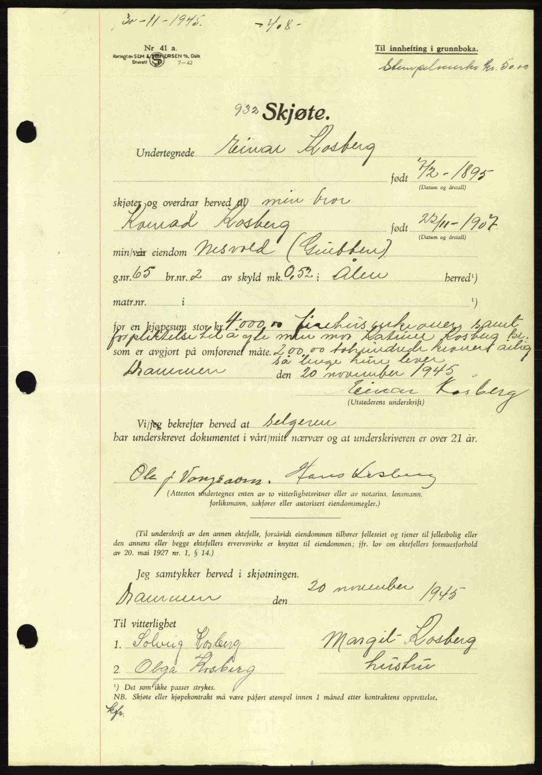 Gauldal sorenskriveri, SAT/A-0014/1/2/2C: Pantebok nr. A1a, 1945-1945, Dagboknr: 932/1945