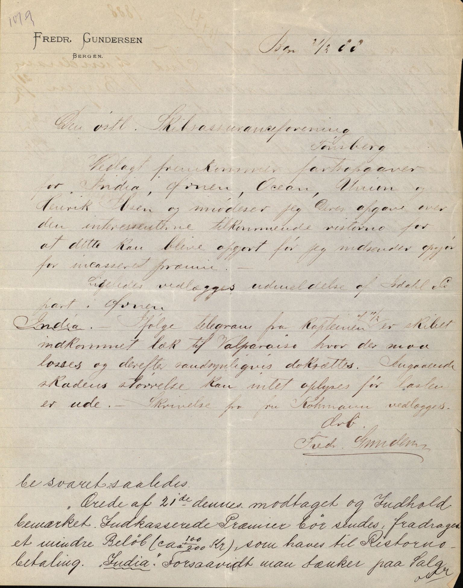 Pa 63 - Østlandske skibsassuranceforening, VEMU/A-1079/G/Ga/L0021/0004: Havaridokumenter / India, Jacbez, Jarlsberg, Kong Carl, Josephine, 1888, s. 6