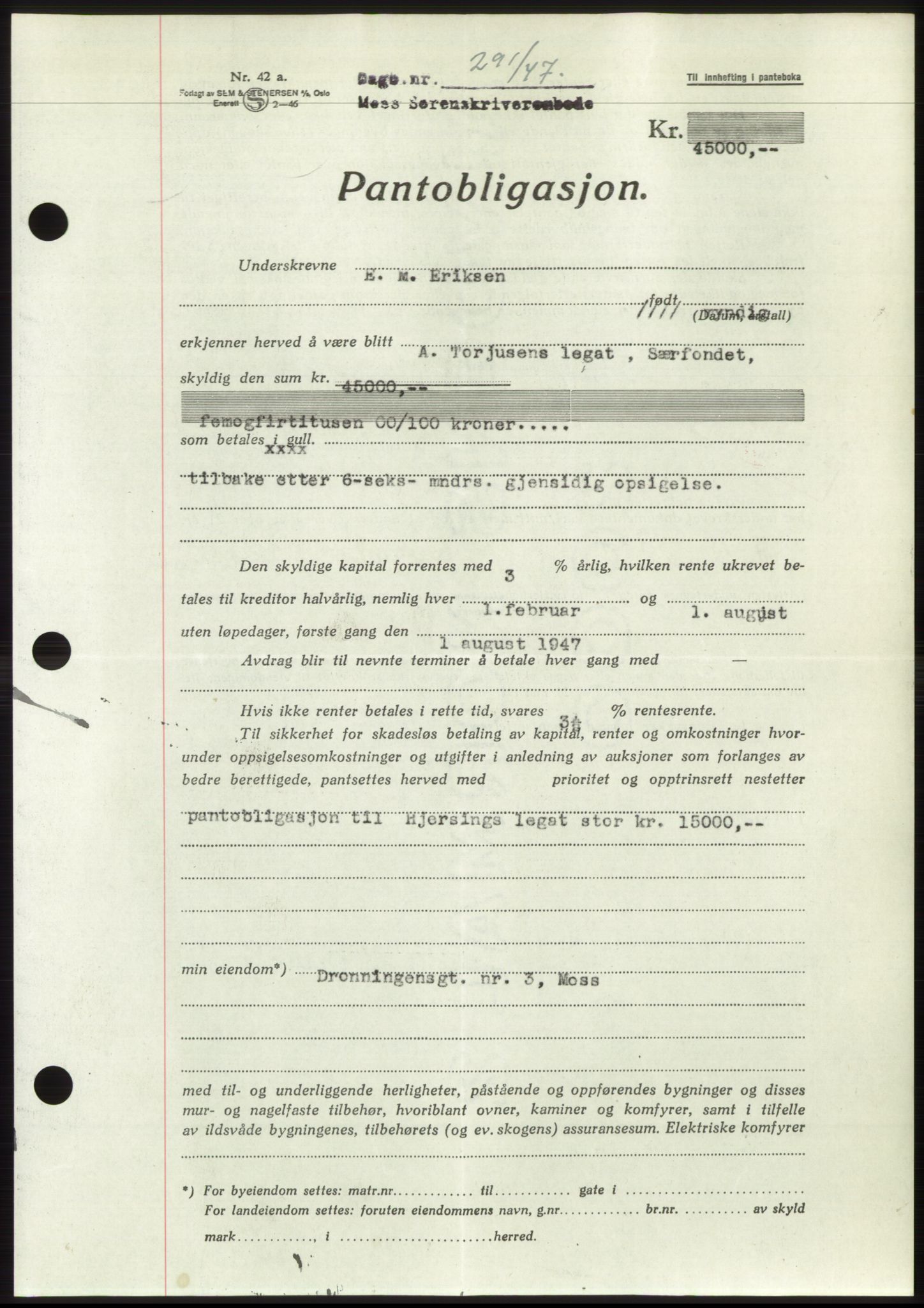 Moss sorenskriveri, SAO/A-10168: Pantebok nr. B16, 1946-1947, Dagboknr: 291/1947