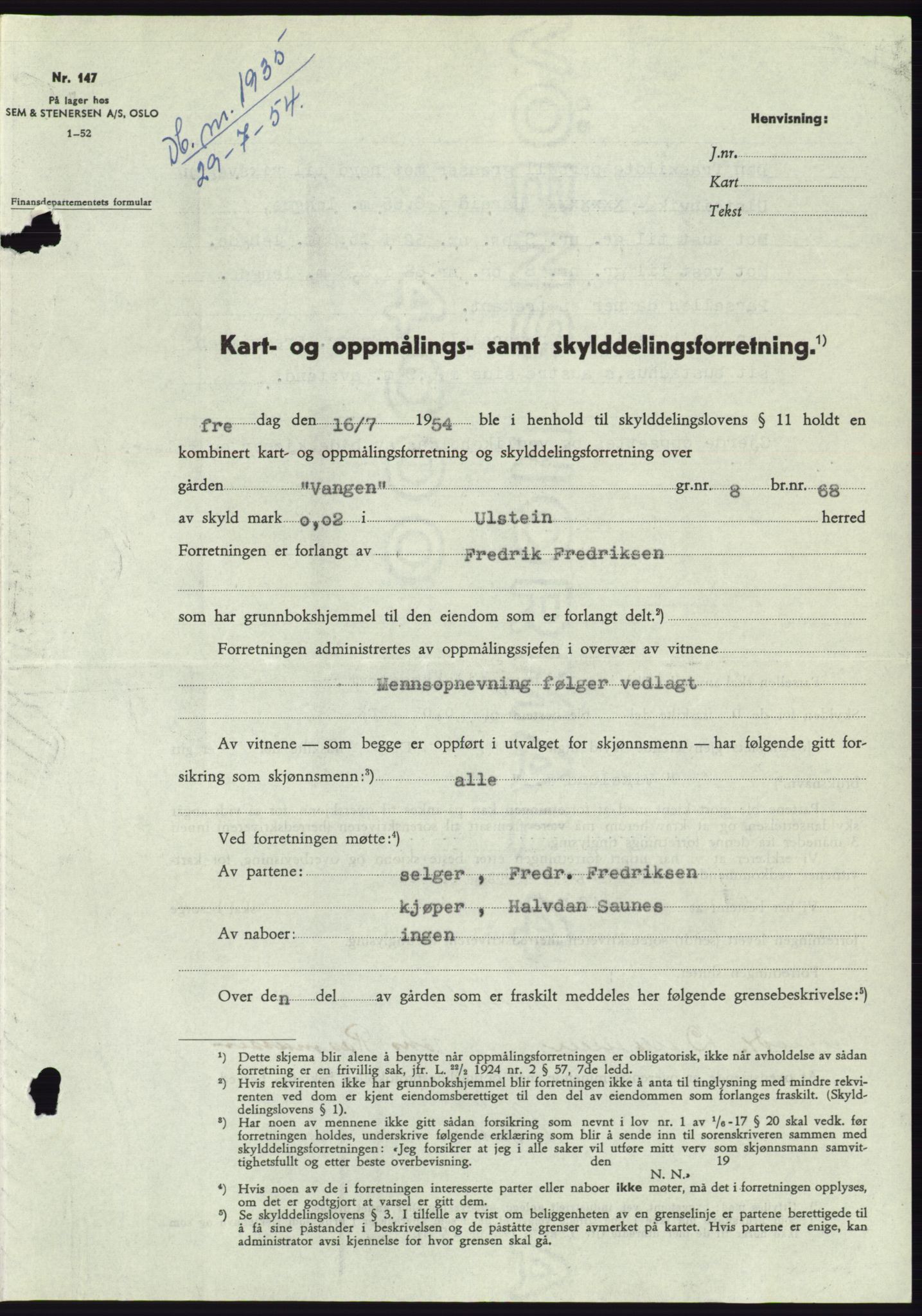 Søre Sunnmøre sorenskriveri, SAT/A-4122/1/2/2C/L0098: Pantebok nr. 24A, 1954-1954, Dagboknr: 1935/1954