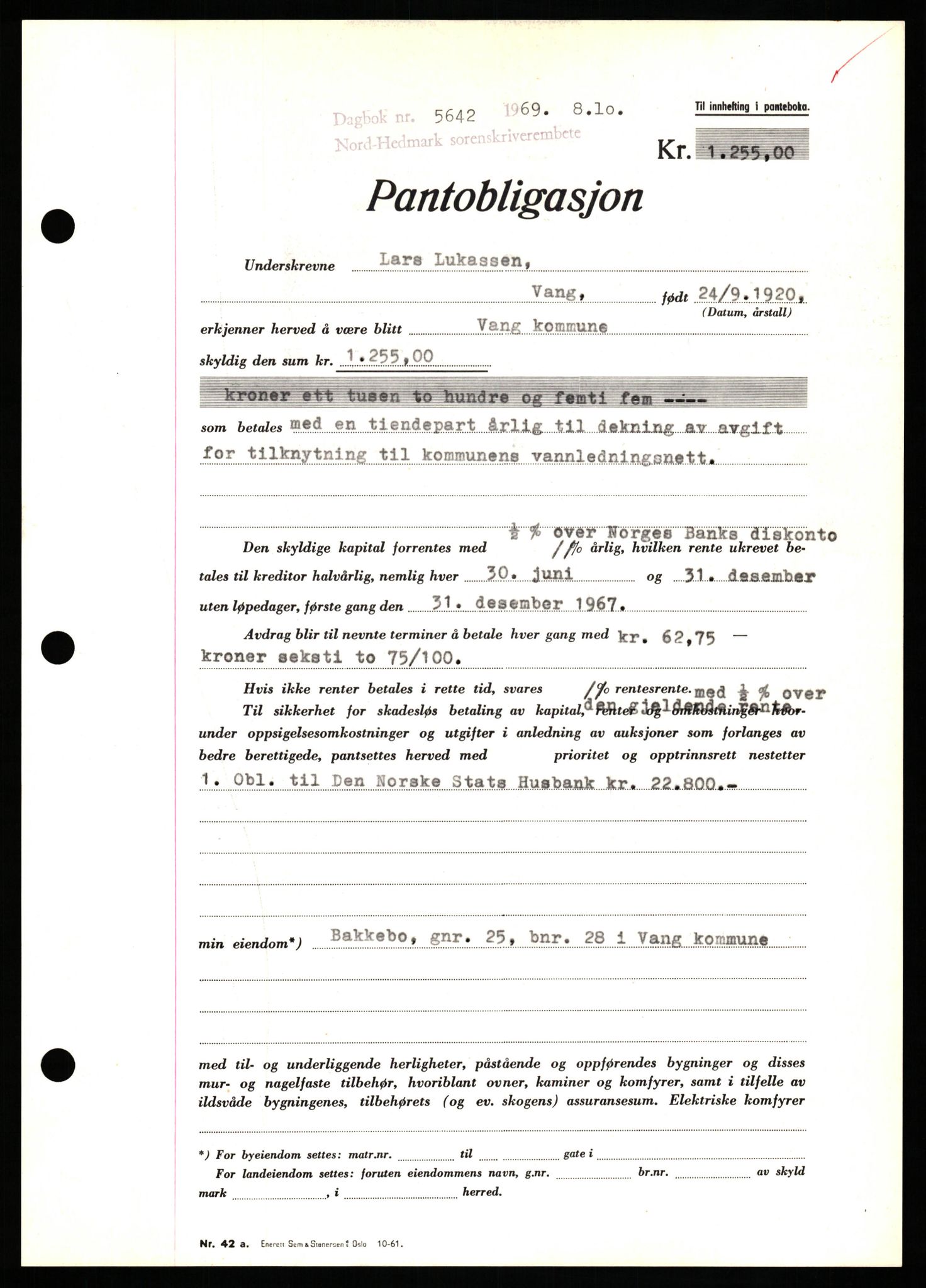 Nord-Hedmark sorenskriveri, SAH/TING-012/H/Hb/Hbf/L0081: Pantebok nr. B81, 1969-1969, Dagboknr: 5642/1969