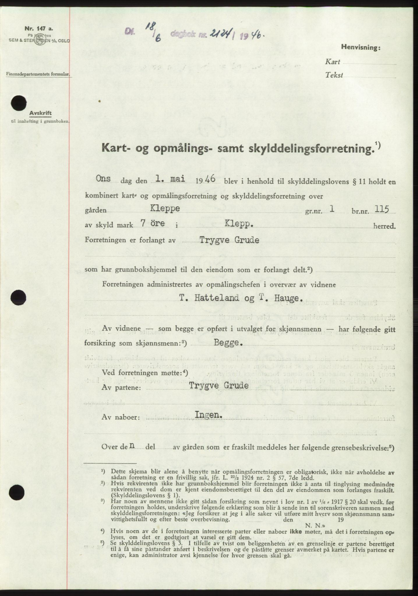 Jæren sorenskriveri, SAST/A-100310/03/G/Gba/L0090: Pantebok, 1946-1946, Dagboknr: 2124/1946