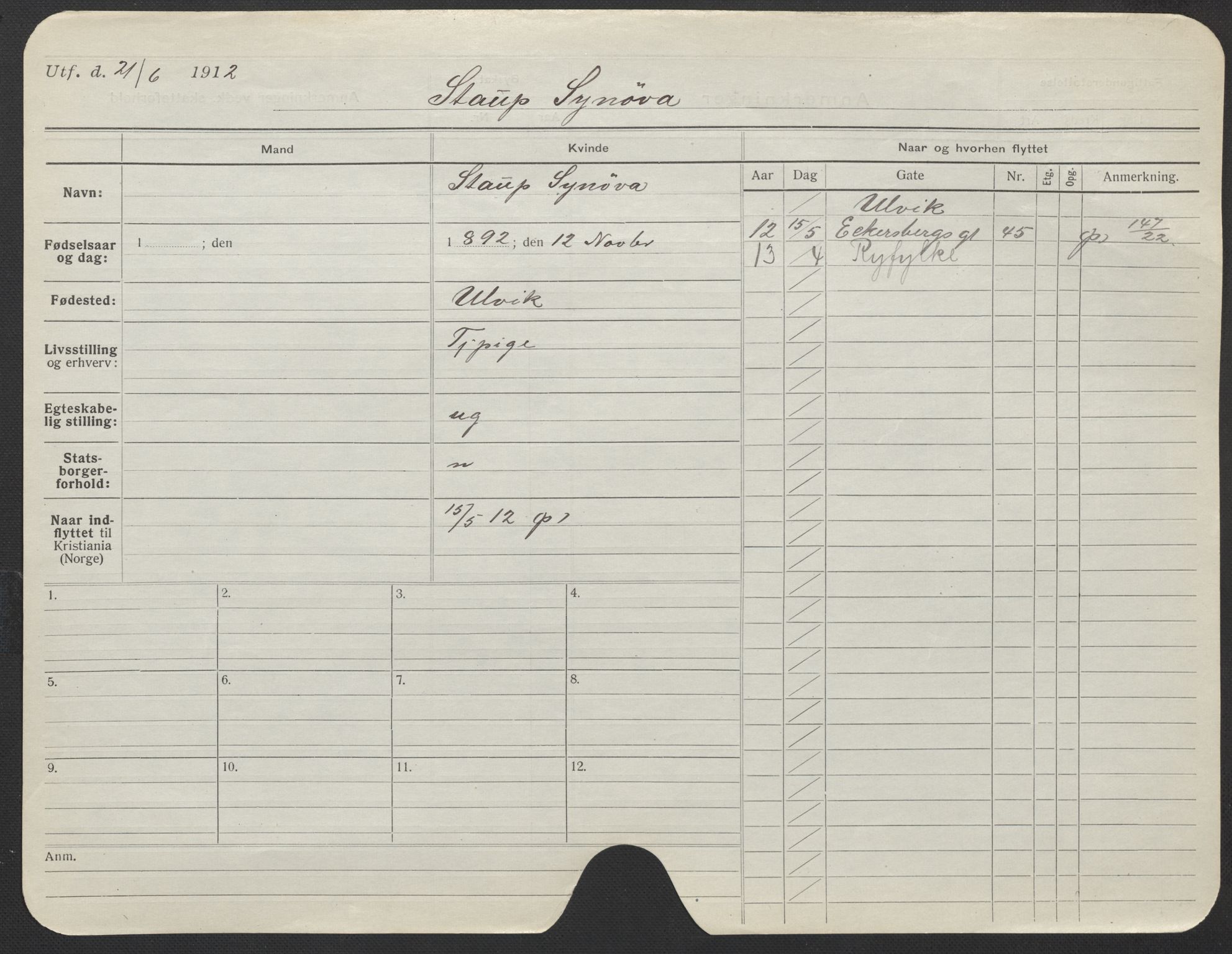 Oslo folkeregister, Registerkort, AV/SAO-A-11715/F/Fa/Fac/L0024: Kvinner, 1906-1914, s. 209a