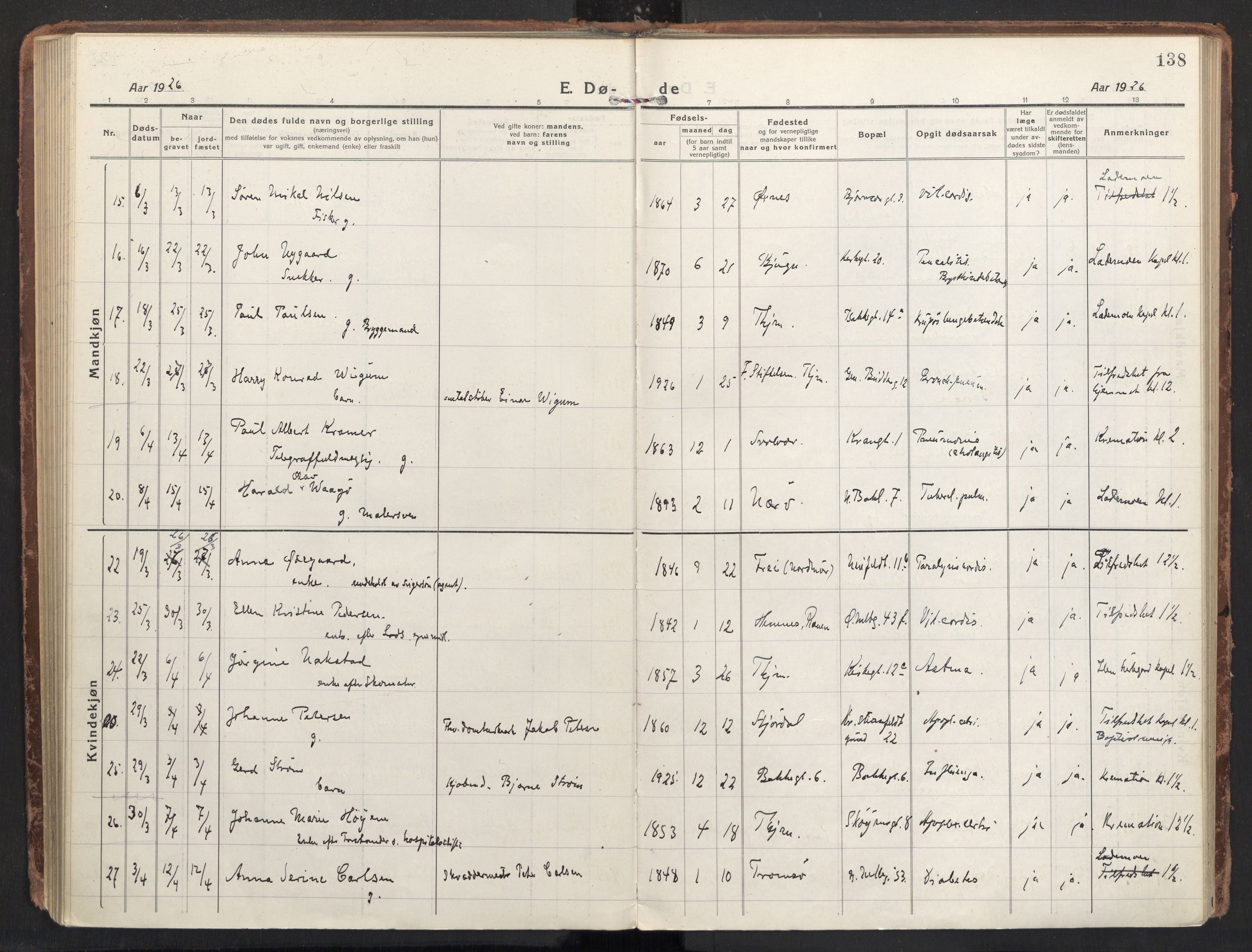 Ministerialprotokoller, klokkerbøker og fødselsregistre - Sør-Trøndelag, AV/SAT-A-1456/604/L0207: Ministerialbok nr. 604A27, 1917-1933, s. 138