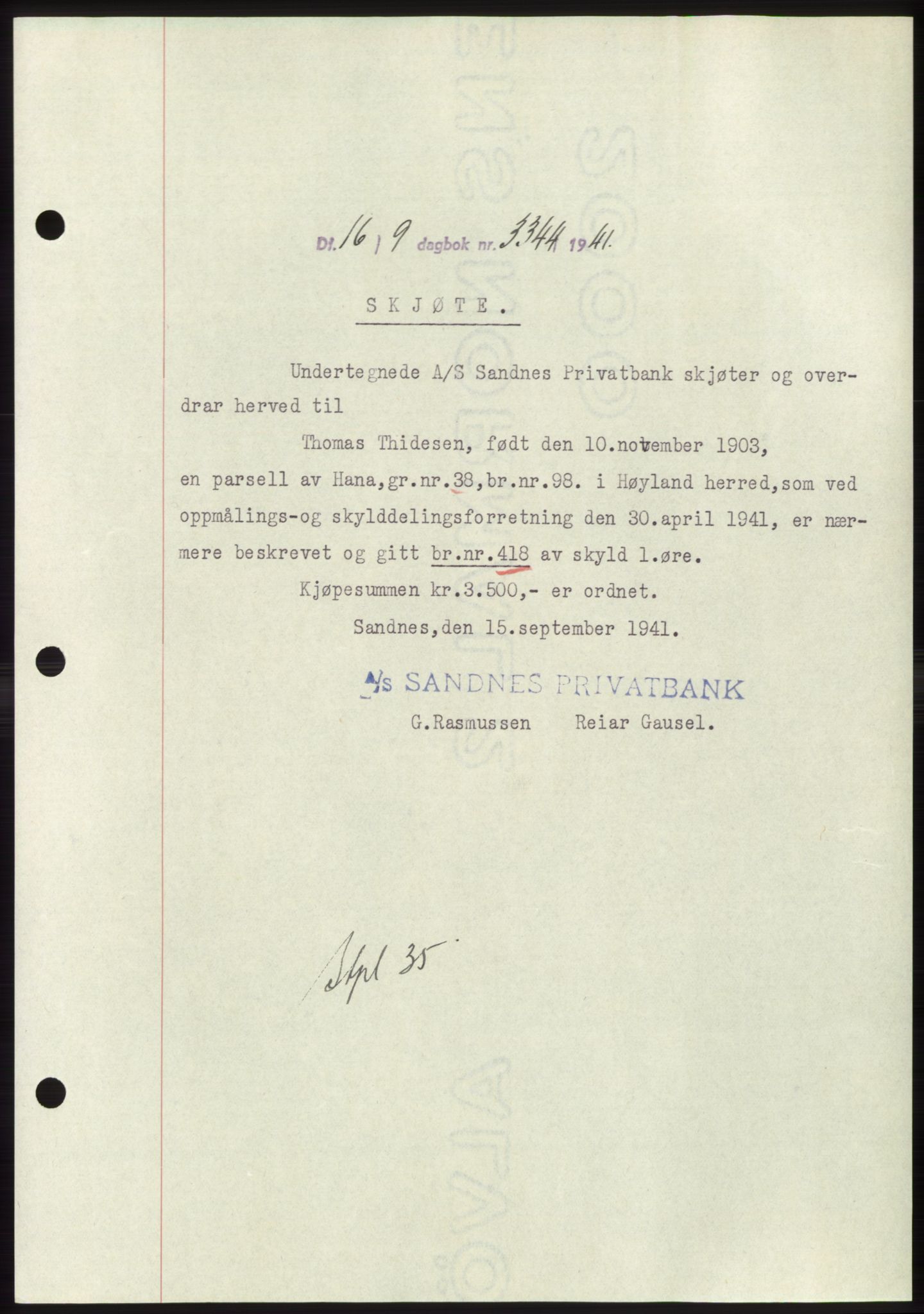 Jæren sorenskriveri, SAST/A-100310/03/G/Gba/L0081: Pantebok, 1941-1941, Dagboknr: 3344/1941