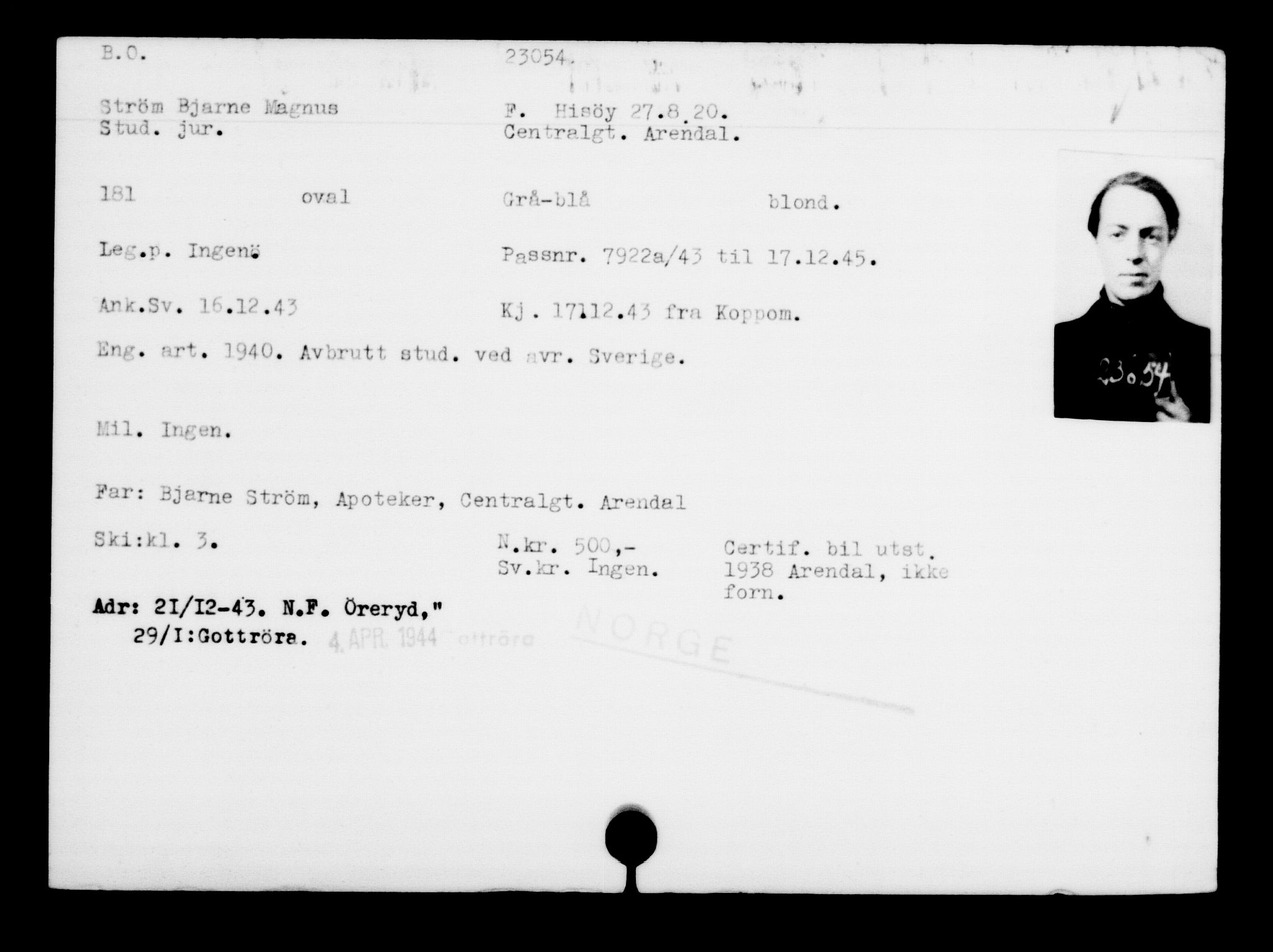 Utenriksstasjonene, Legasjonen i Stockholm, Flyktningkontoret, AV/RA-S-6753/V/Va/L0010: Kjesäterkartoteket, flyktninger med registreringsnr. 22000-25314, 1940-1945, s. 1132