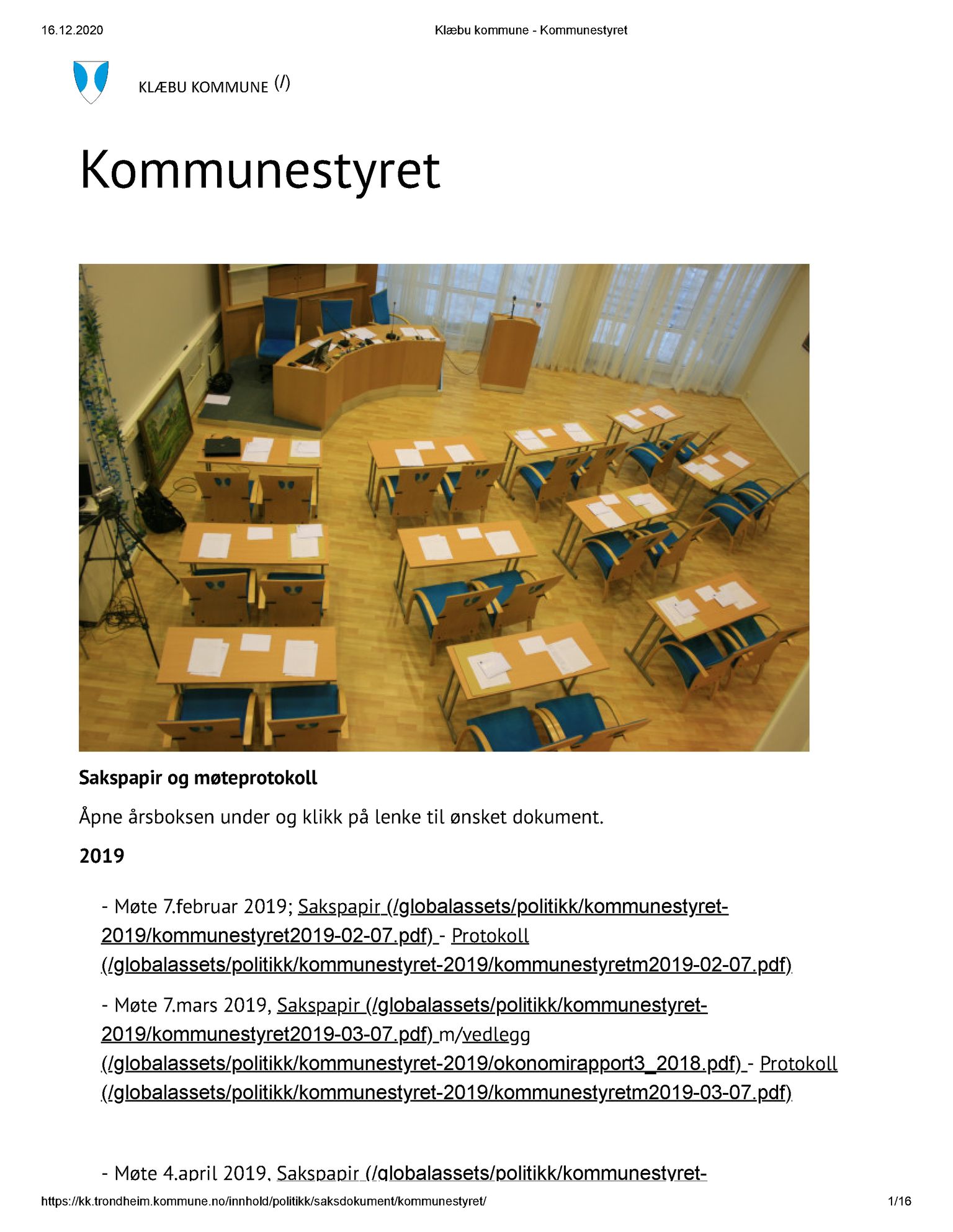 Klæbu Kommune, TRKO/KK/01-KS/L001: Kommunestyret - Dokumentoversikt, 2009-2019, s. 1