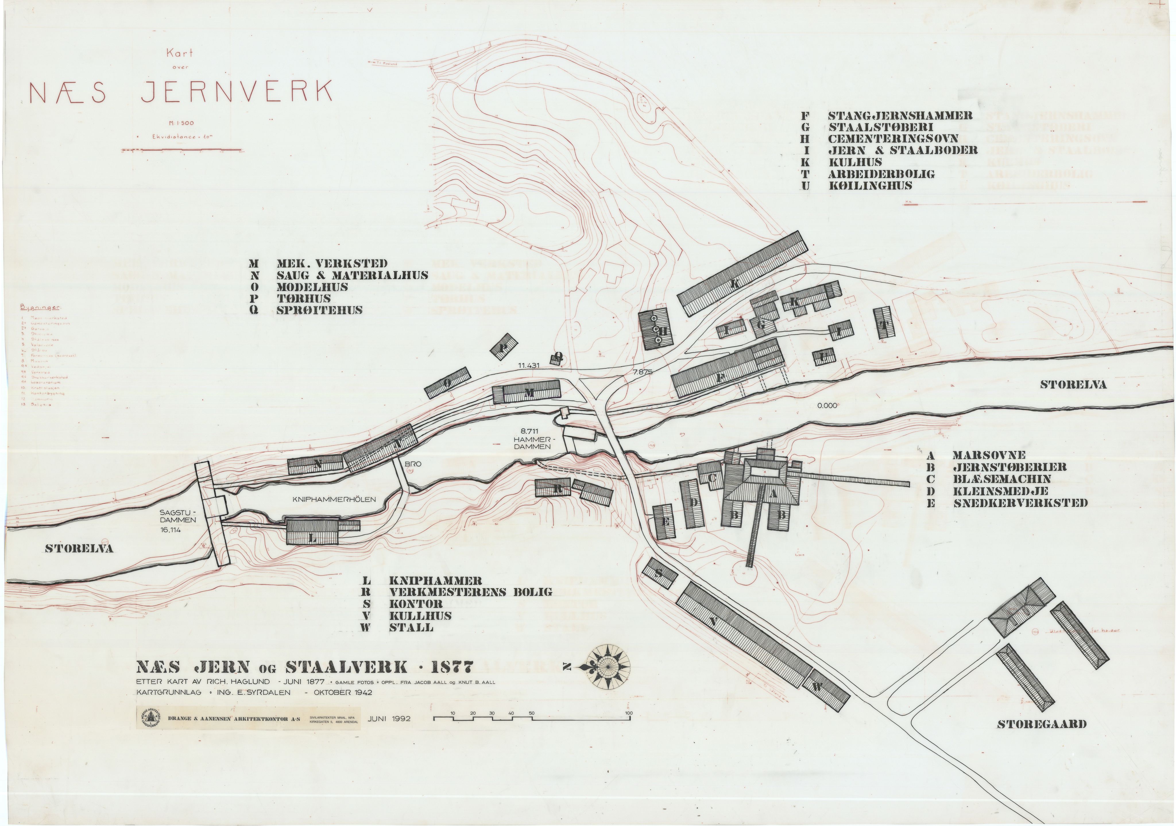 Jacob Aall & Søn AS, NESJ/NJM-007/10/L0010: Næs jern og staalverk, Drange + Aanensen 1992, etter kart av R. Hagland 1877, E. Syrdalen 1942, 1877-1992