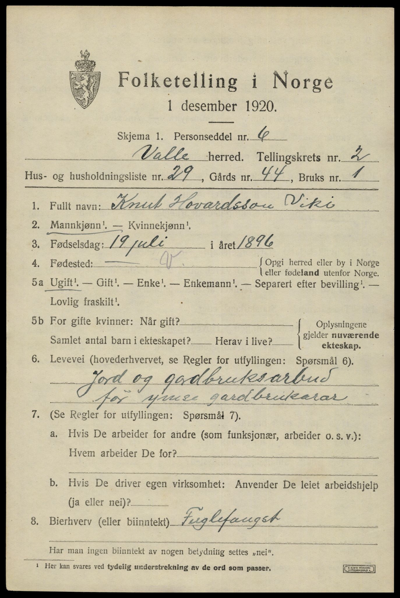SAK, Folketelling 1920 for 0940 Valle herred, 1920, s. 1265