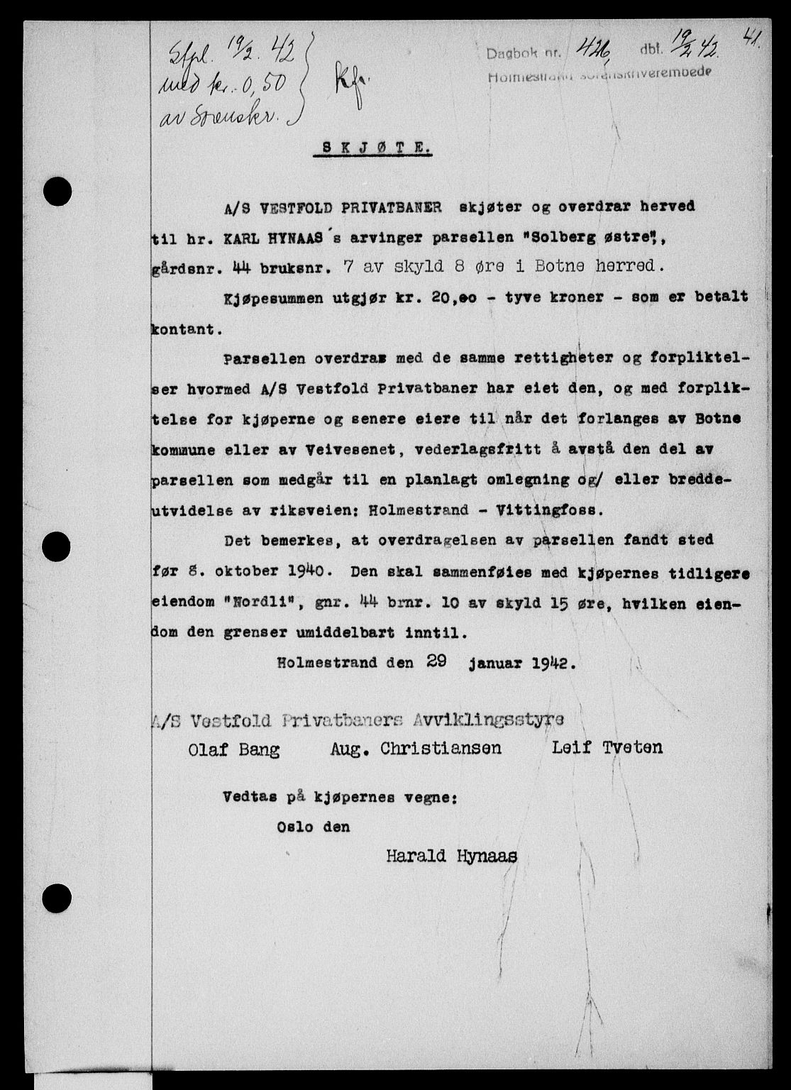 Holmestrand sorenskriveri, SAKO/A-67/G/Ga/Gaa/L0055: Pantebok nr. A-55, 1942-1942, Dagboknr: 426/1942