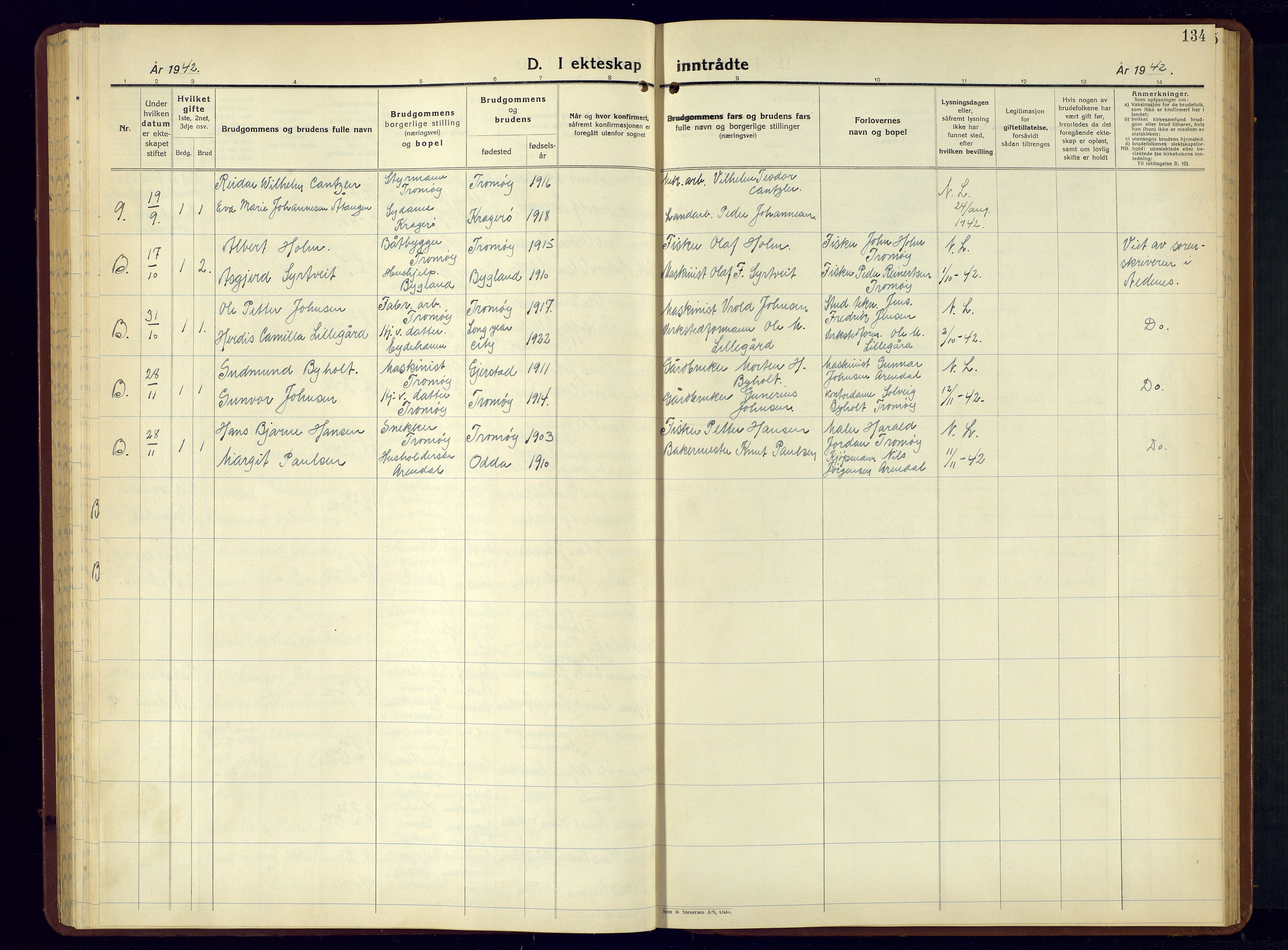 Tromøy sokneprestkontor, AV/SAK-1111-0041/F/Fb/L0009: Klokkerbok nr. B-9, 1938-1952, s. 134