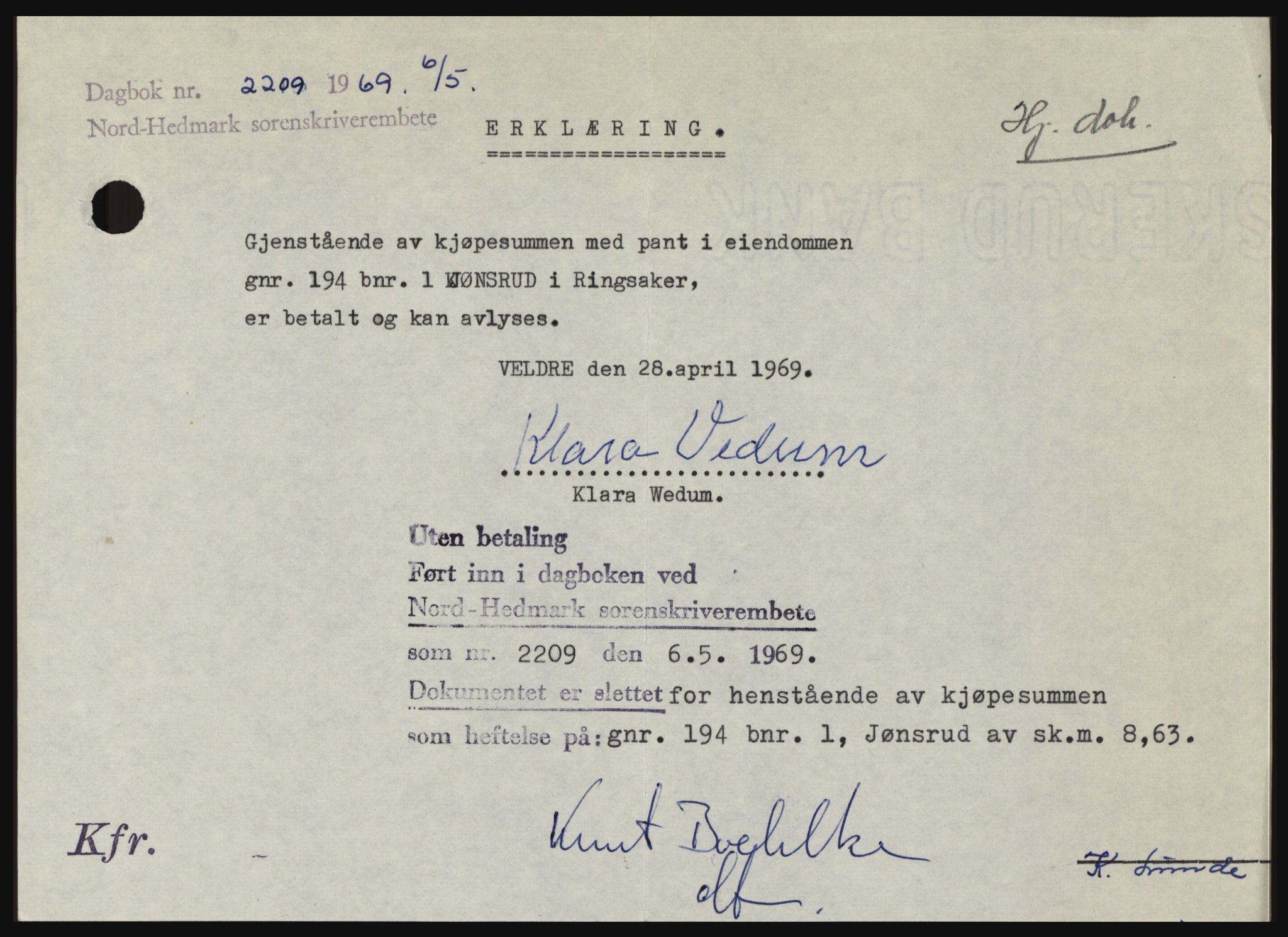 Nord-Hedmark sorenskriveri, SAH/TING-012/H/Hc/L0030: Pantebok nr. 30, 1969-1969, Dagboknr: 2209/1969