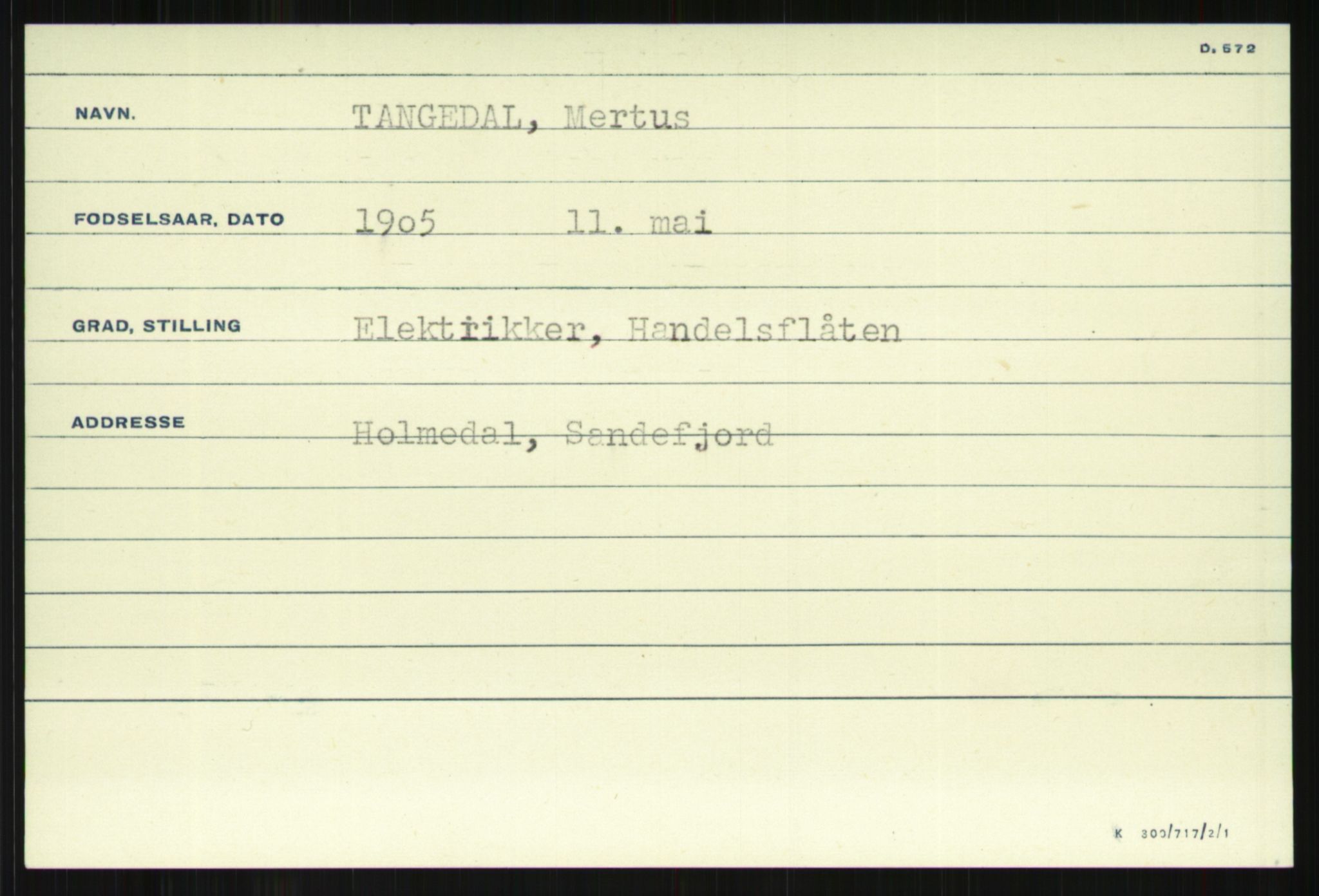 Direktoratet for sjømenn, AV/RA-S-3545/G/Gi/L0009: Kartotek over krigsdekorasjoner tildelt nordmenn under krigen, 1940-1945, s. 399