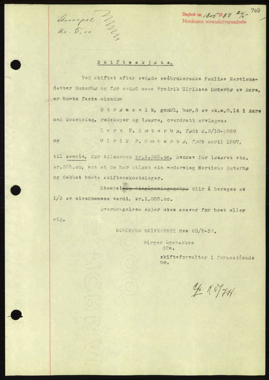 Nordmøre sorenskriveri, SAT/A-4132/1/2/2Ca: Pantebok nr. A81, 1937-1937, Dagboknr: 1305/1937