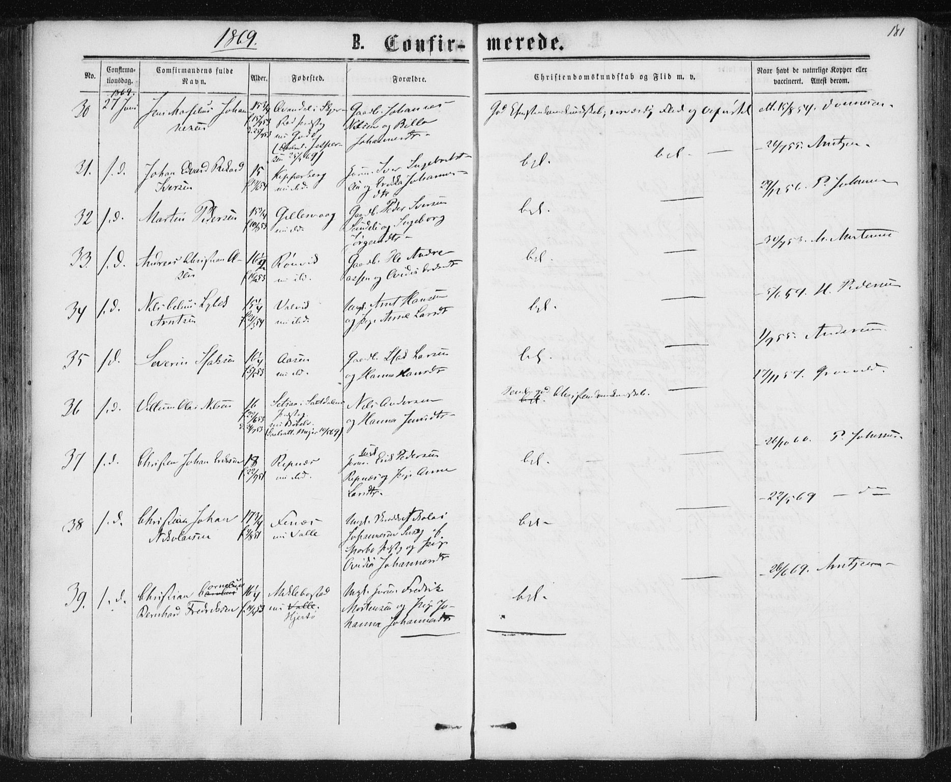 Ministerialprotokoller, klokkerbøker og fødselsregistre - Nordland, AV/SAT-A-1459/801/L0008: Ministerialbok nr. 801A08, 1864-1875, s. 181