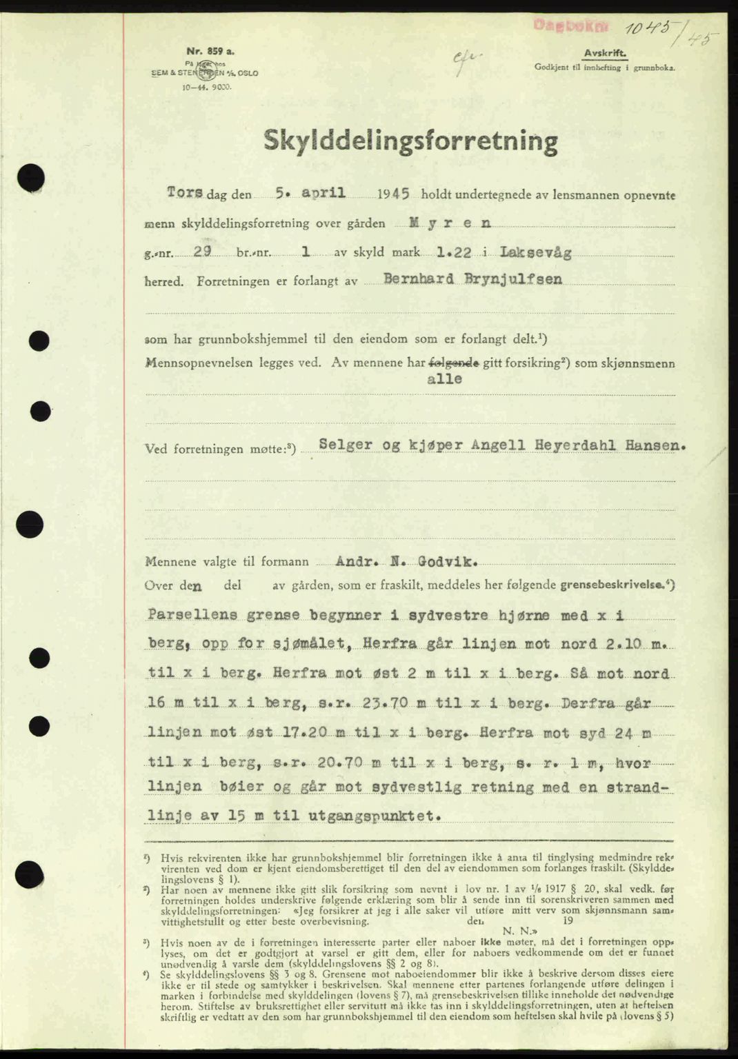 Midhordland sorenskriveri, SAB/A-3001/1/G/Gb/Gbk/L0008: Pantebok nr. A36-41, 1944-1945, Dagboknr: 1045/1945