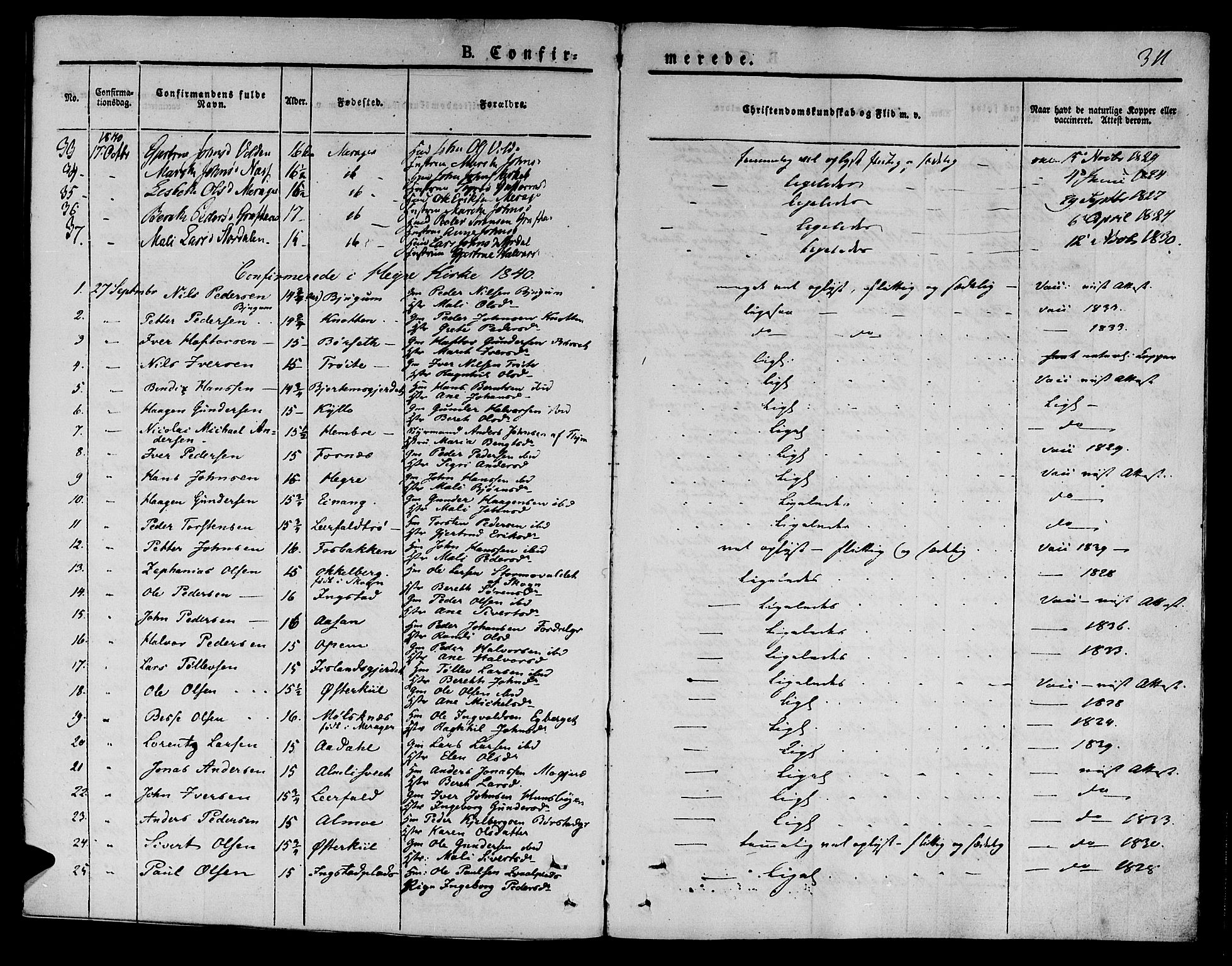 Ministerialprotokoller, klokkerbøker og fødselsregistre - Nord-Trøndelag, AV/SAT-A-1458/709/L0071: Ministerialbok nr. 709A11, 1833-1844, s. 311