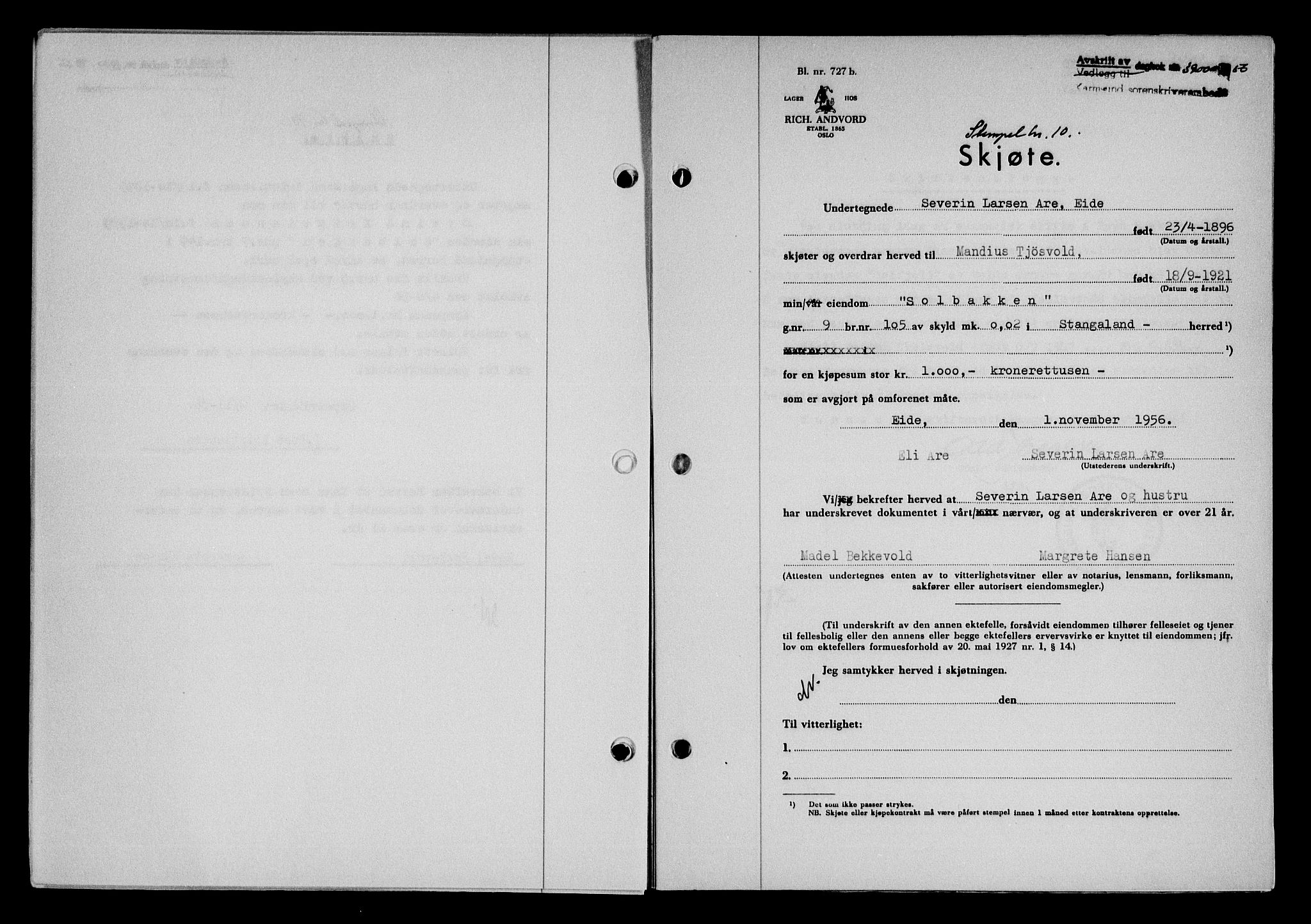 Karmsund sorenskriveri, SAST/A-100311/01/II/IIB/L0122: Pantebok nr. 102A, 1956-1956, Dagboknr: 3900/1956