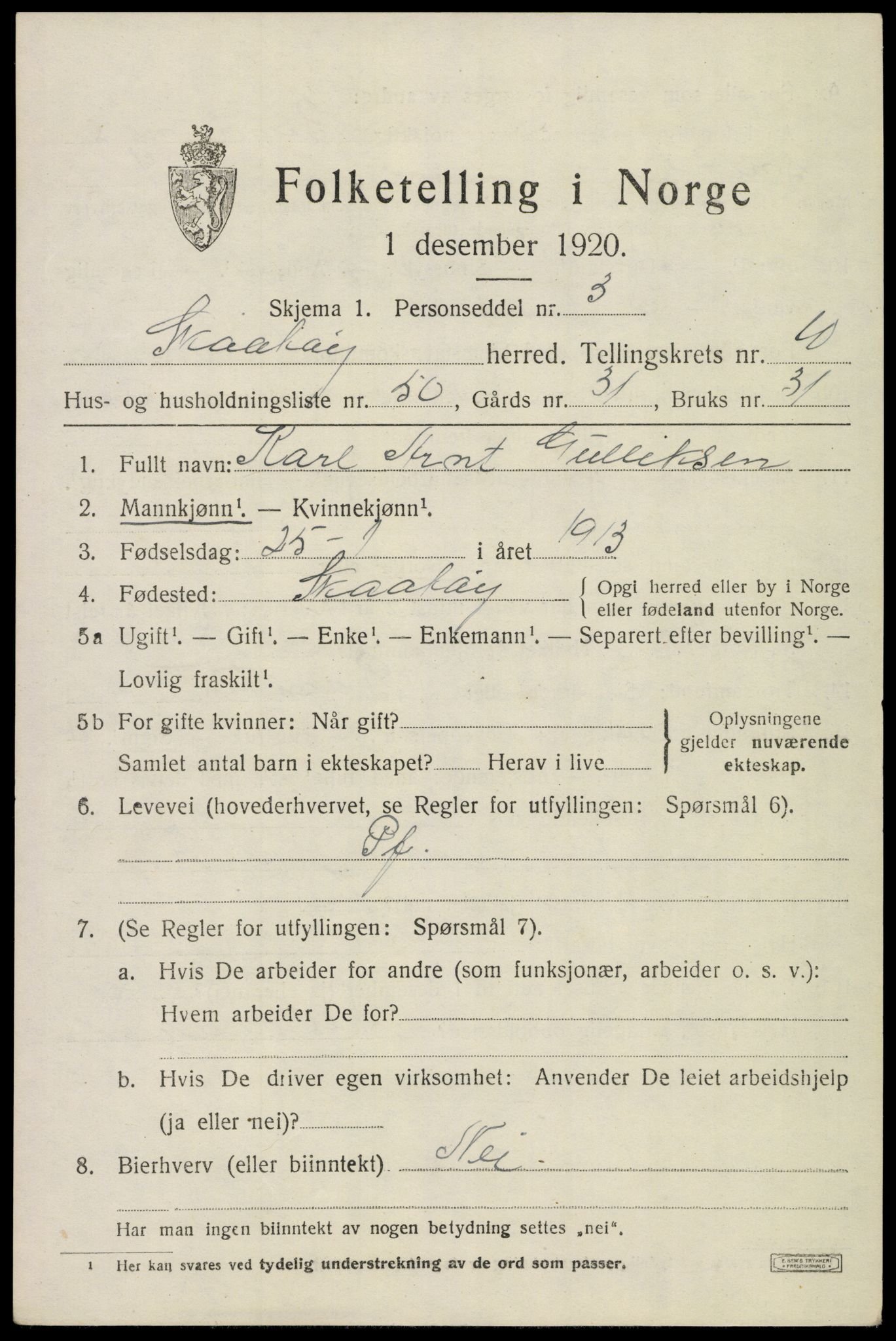 SAKO, Folketelling 1920 for 0815 Skåtøy herred, 1920, s. 7736