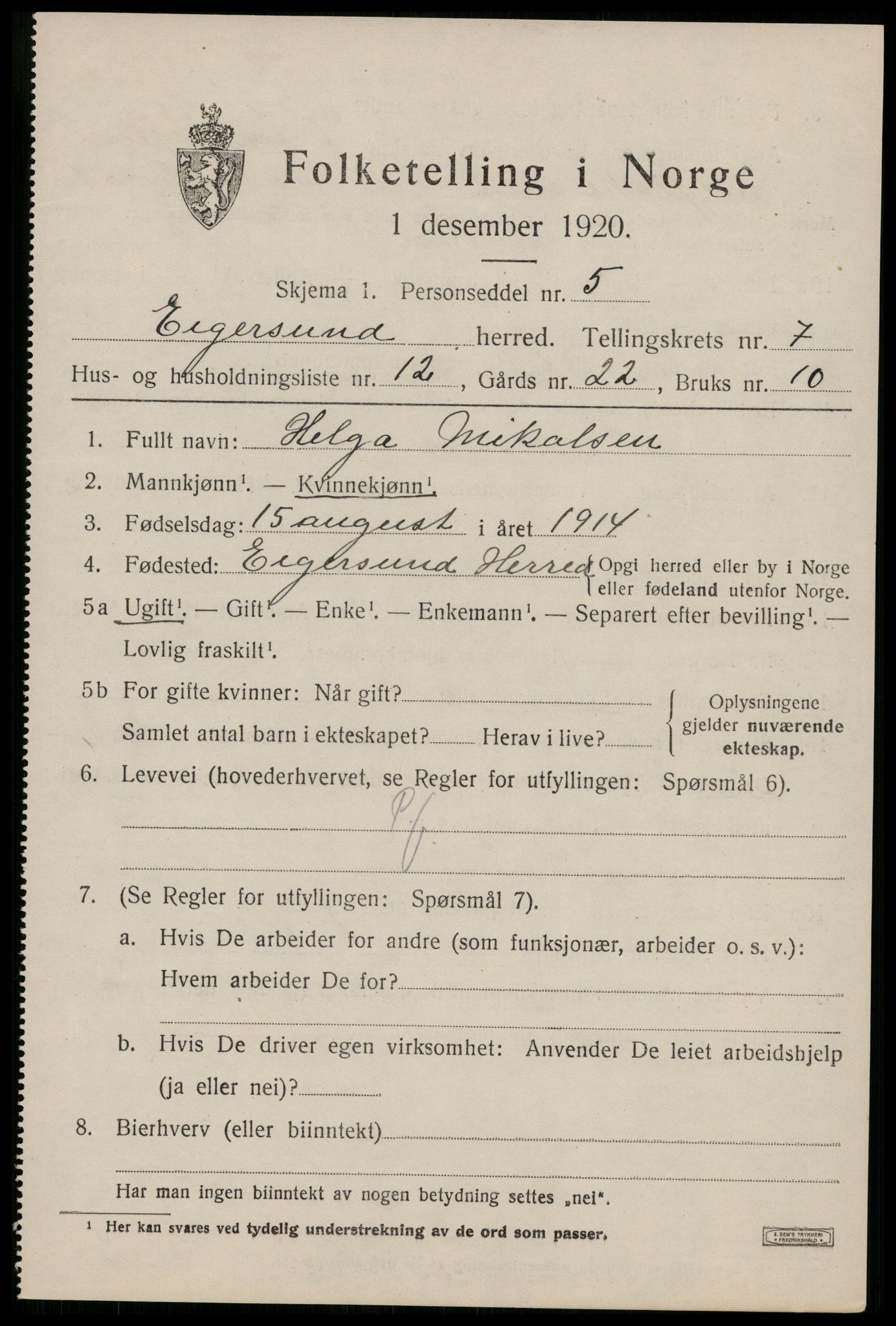 SAST, Folketelling 1920 for 1116 Eigersund herred, 1920, s. 4795