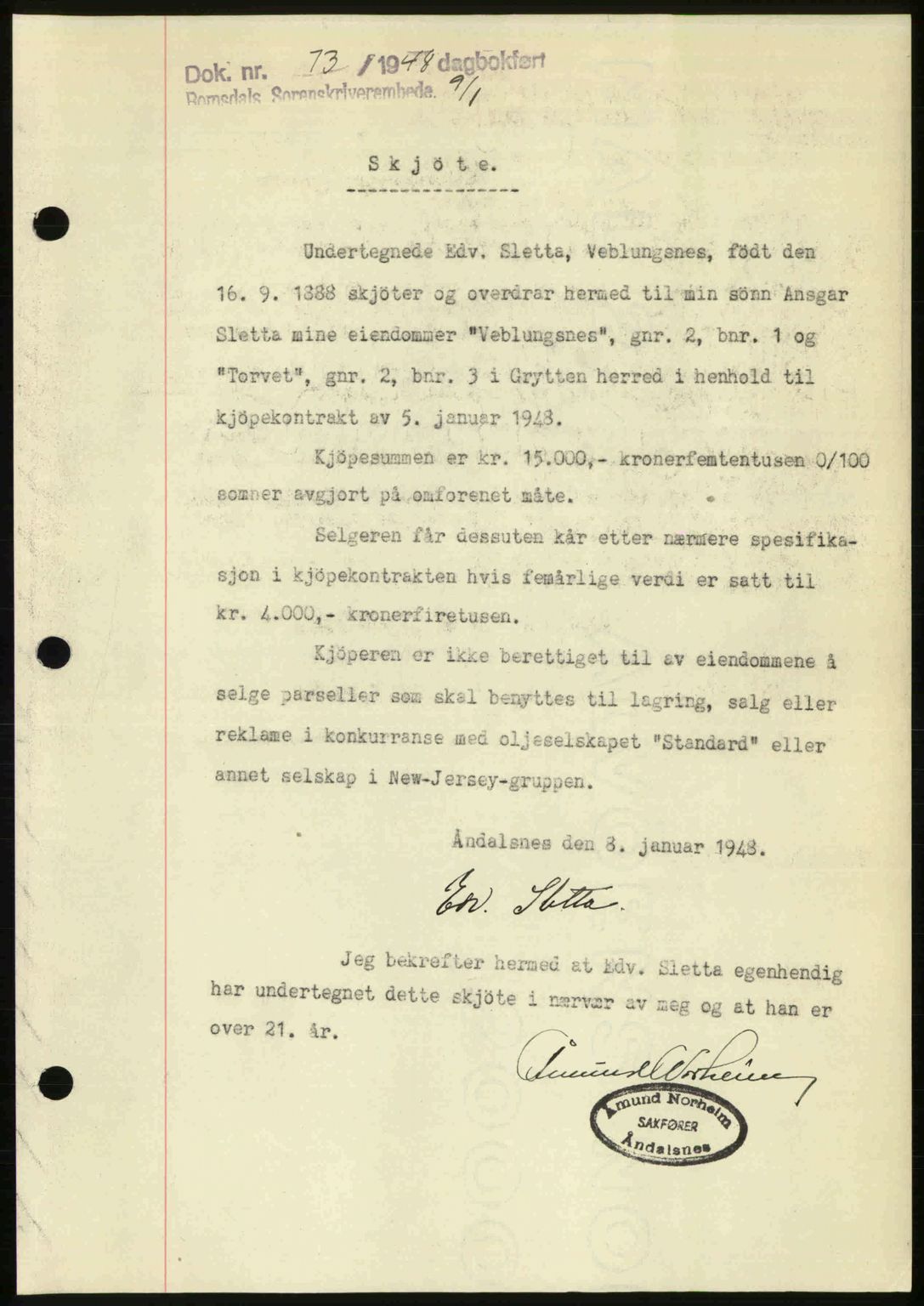 Romsdal sorenskriveri, SAT/A-4149/1/2/2C: Pantebok nr. A25, 1948-1948, Dagboknr: 73/1948