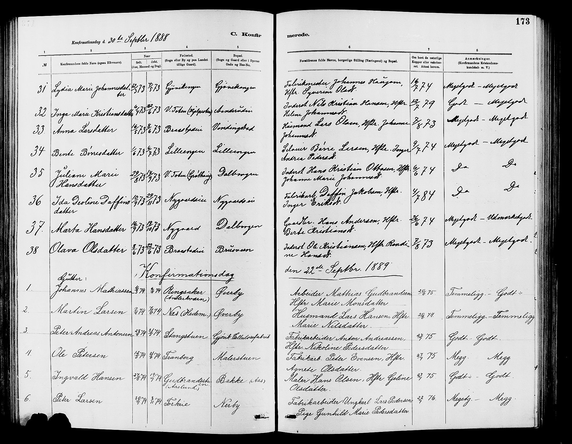 Vardal prestekontor, AV/SAH-PREST-100/H/Ha/Hab/L0007: Klokkerbok nr. 7 /1, 1881-1895, s. 173