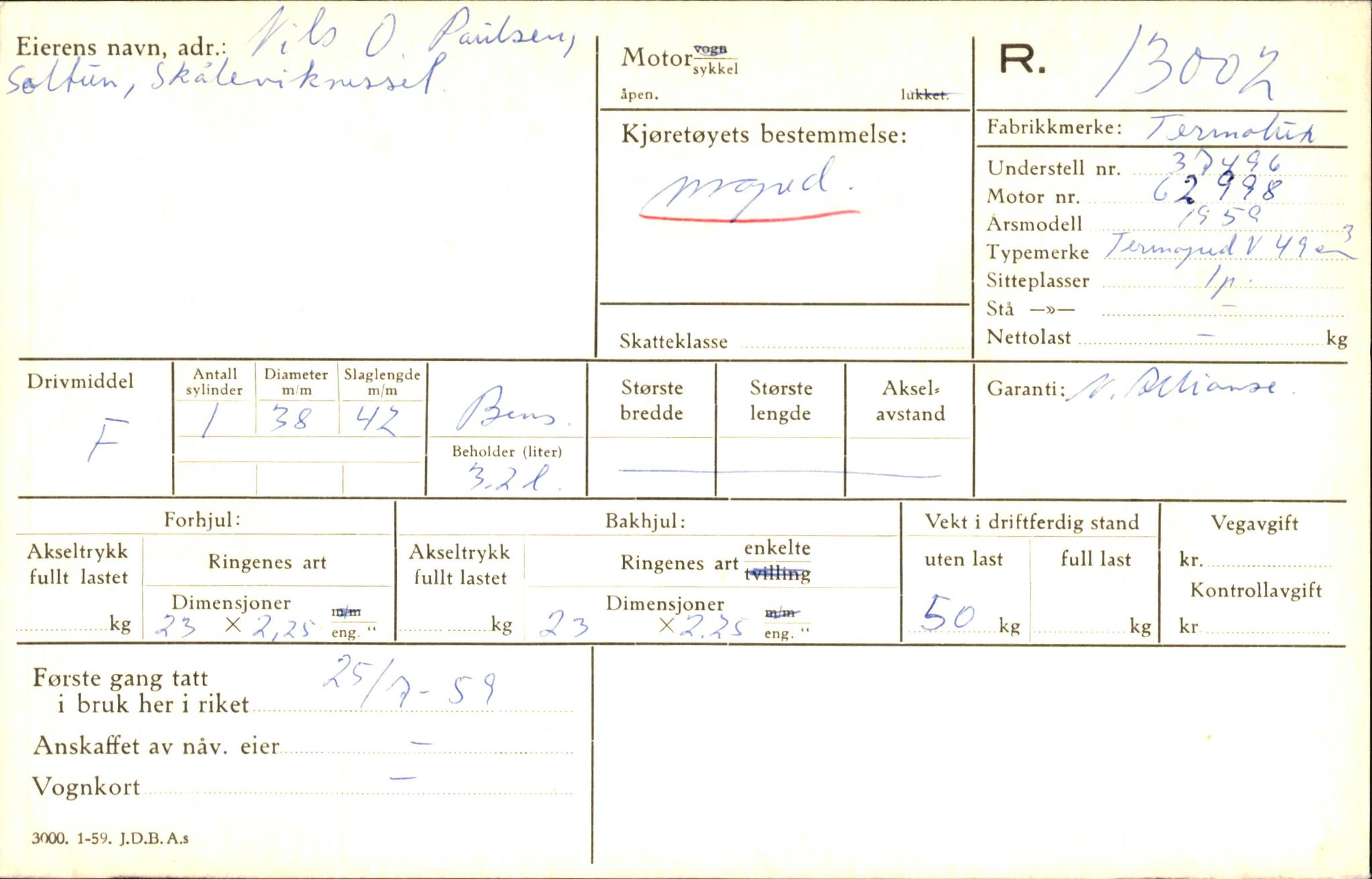 Statens vegvesen, Hordaland vegkontor, AV/SAB-A-5201/2/O/Oa/L0015: Motorsykkel/moped - R13000-13999, 1950-1970, s. 1