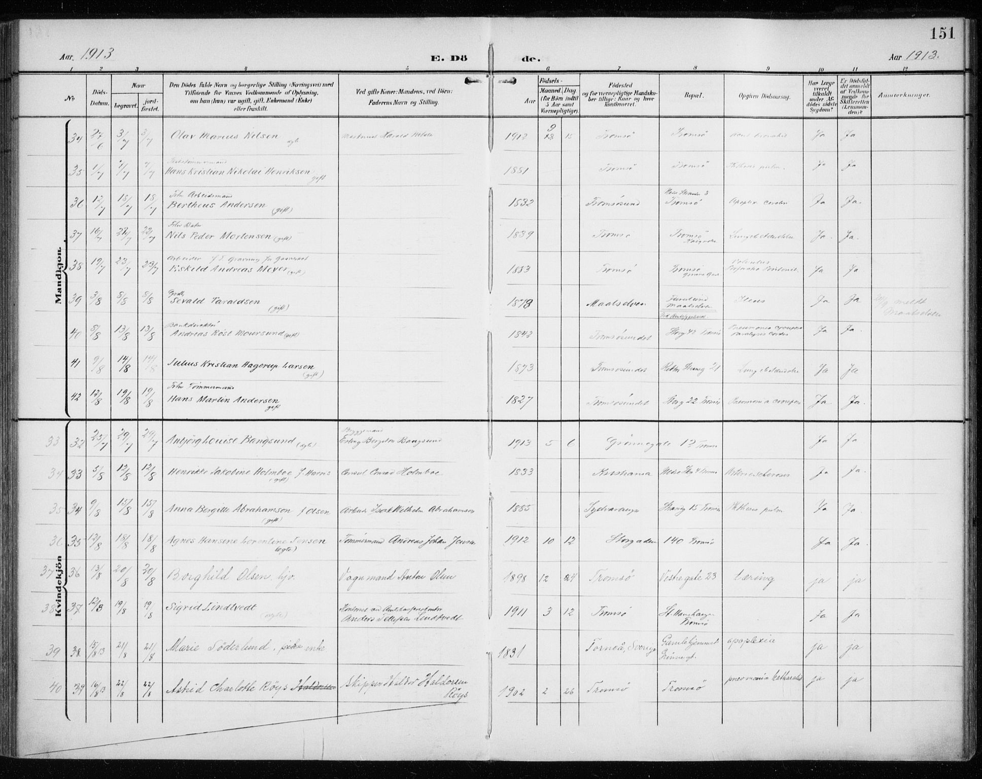 Tromsø sokneprestkontor/stiftsprosti/domprosti, SATØ/S-1343/G/Ga/L0018kirke: Ministerialbok nr. 18, 1907-1917, s. 151