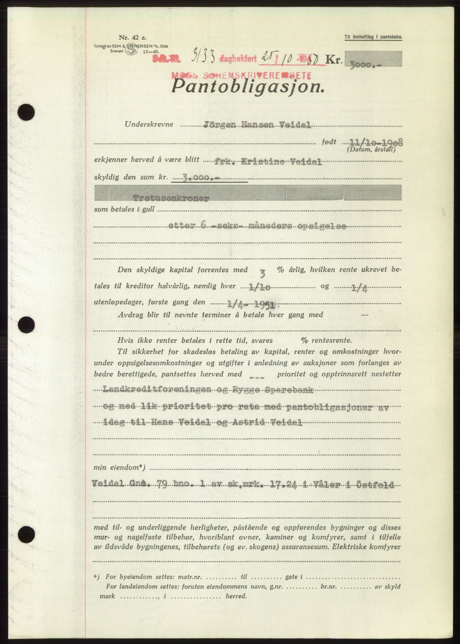 Moss sorenskriveri, SAO/A-10168: Pantebok nr. B25, 1950-1950, Dagboknr: 3133/1950
