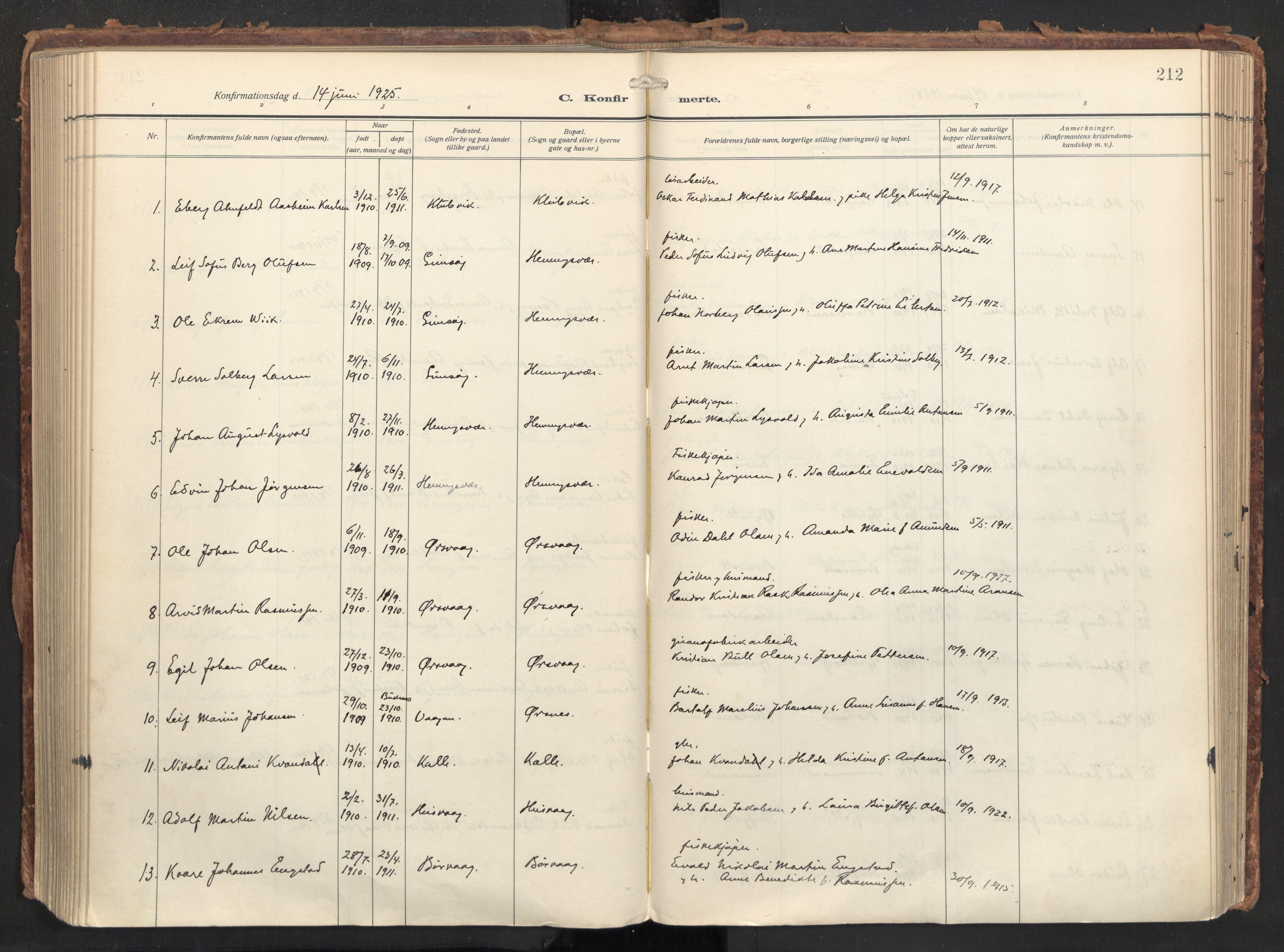 Ministerialprotokoller, klokkerbøker og fødselsregistre - Nordland, AV/SAT-A-1459/874/L1064: Ministerialbok nr. 874A08, 1915-1926, s. 212