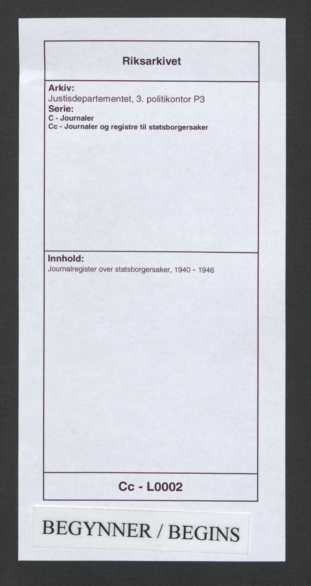 Justisdepartementet, 3. politikontor P3, AV/RA-S-1051/C/Cc/L0002: Journalregister over statsborgersaker, 1940-1946, s. 1
