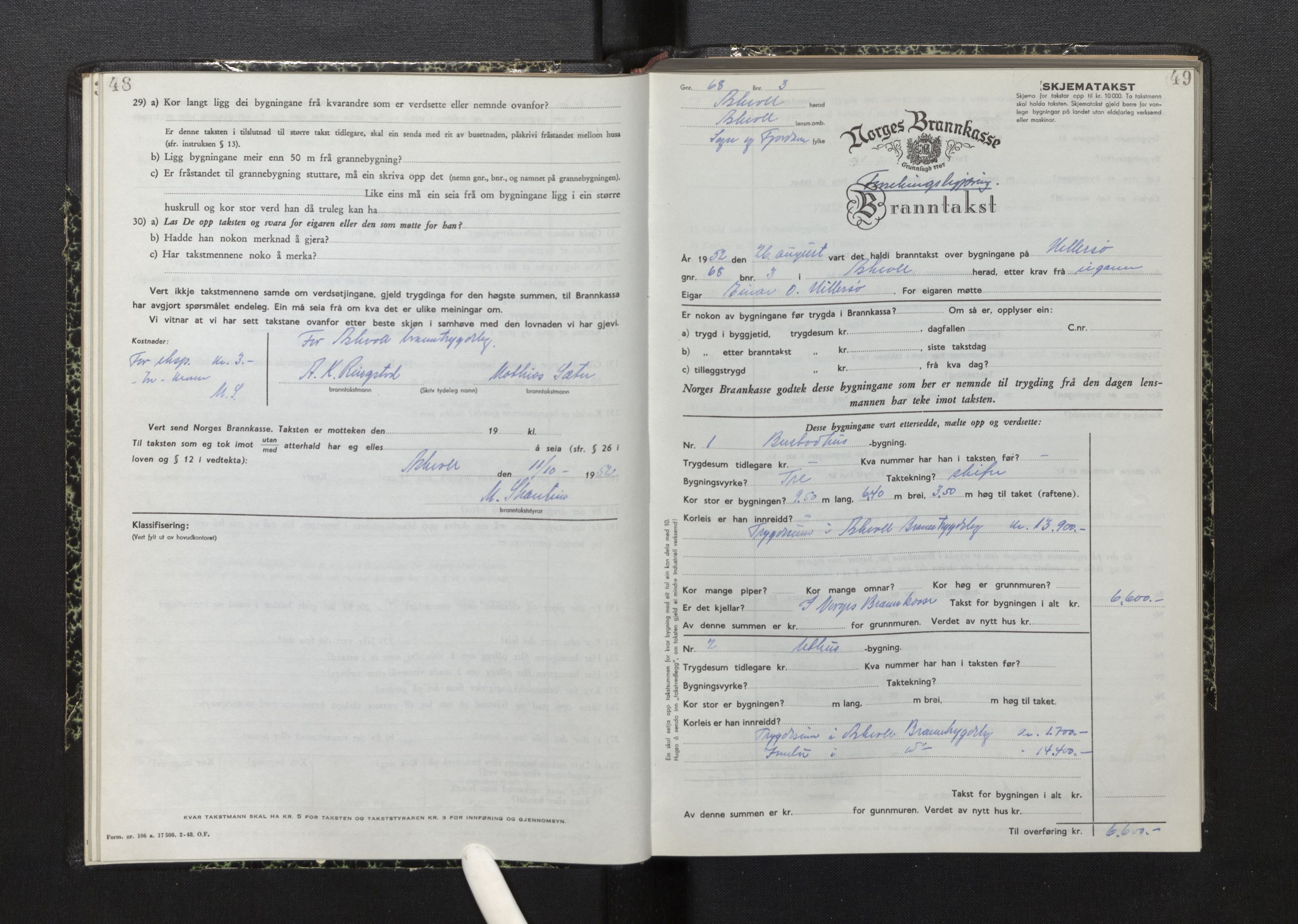 Lensmannen i Askvoll, AV/SAB-A-26301/0012/L0006: Branntakstprotokoll, skjematakst, 1950-1955, s. 48-49