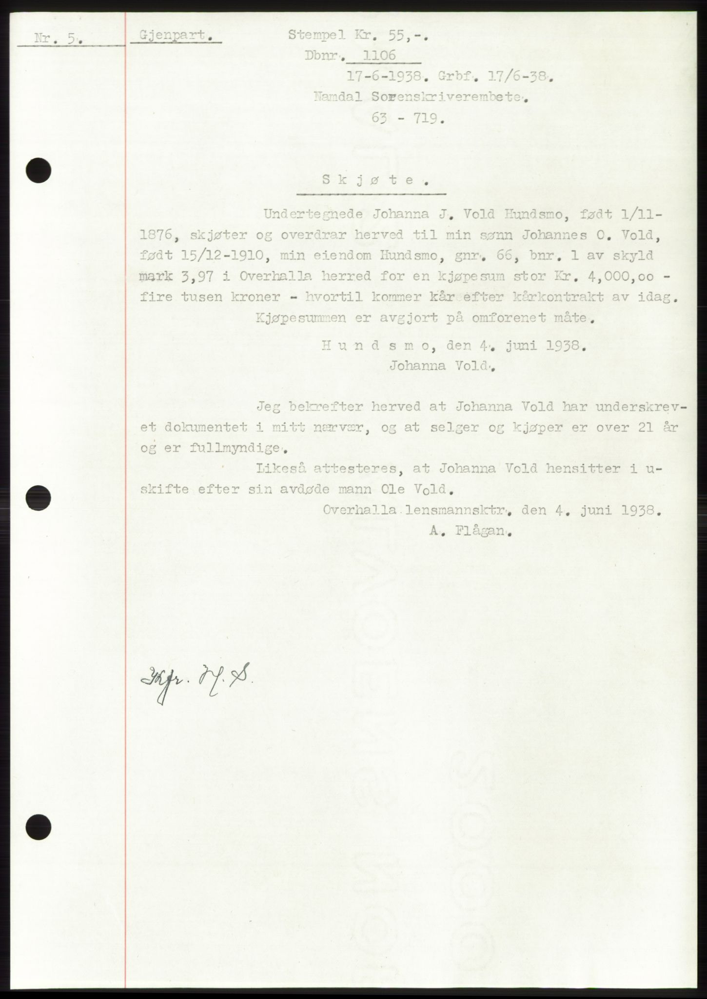 Namdal sorenskriveri, SAT/A-4133/1/2/2C: Pantebok nr. -, 1937-1939, Tingl.dato: 17.06.1938