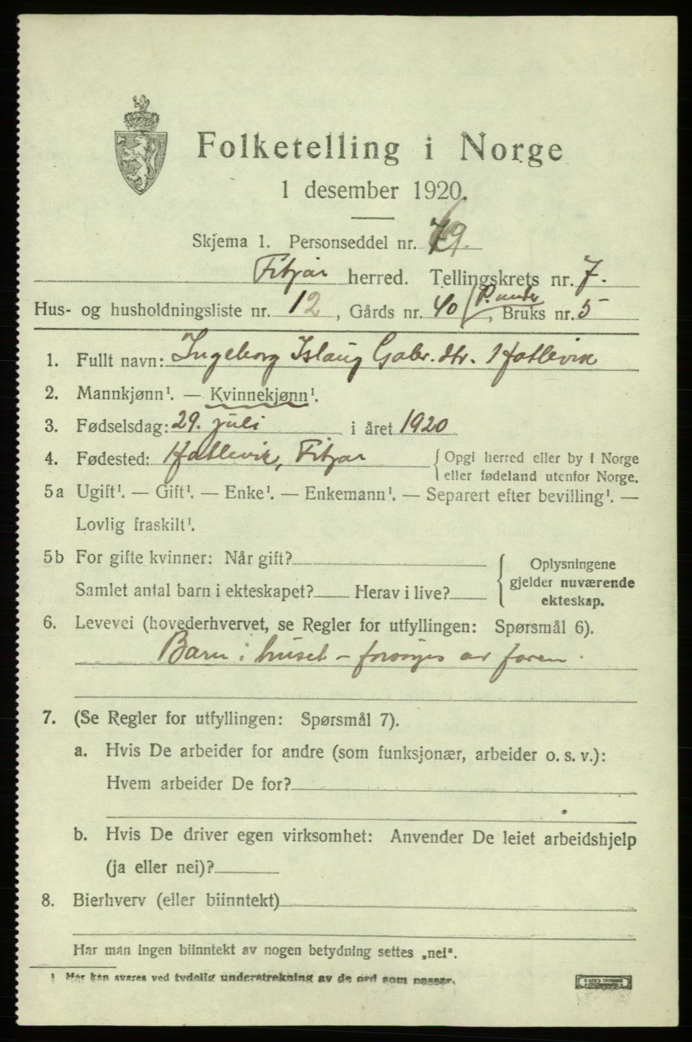 SAB, Folketelling 1920 for 1222 Fitjar herred, 1920, s. 3290