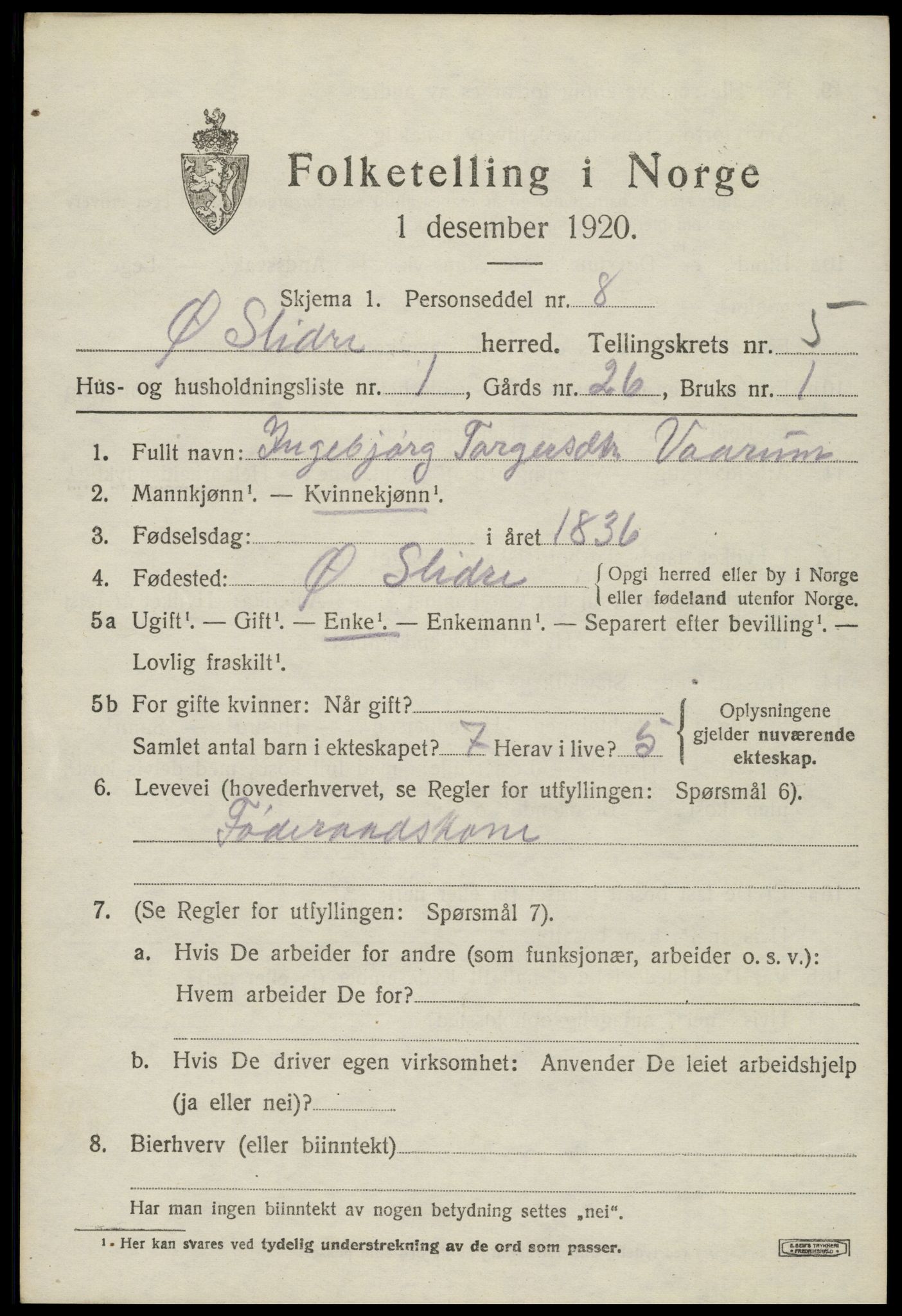 SAH, Folketelling 1920 for 0544 Øystre Slidre herred, 1920, s. 2867