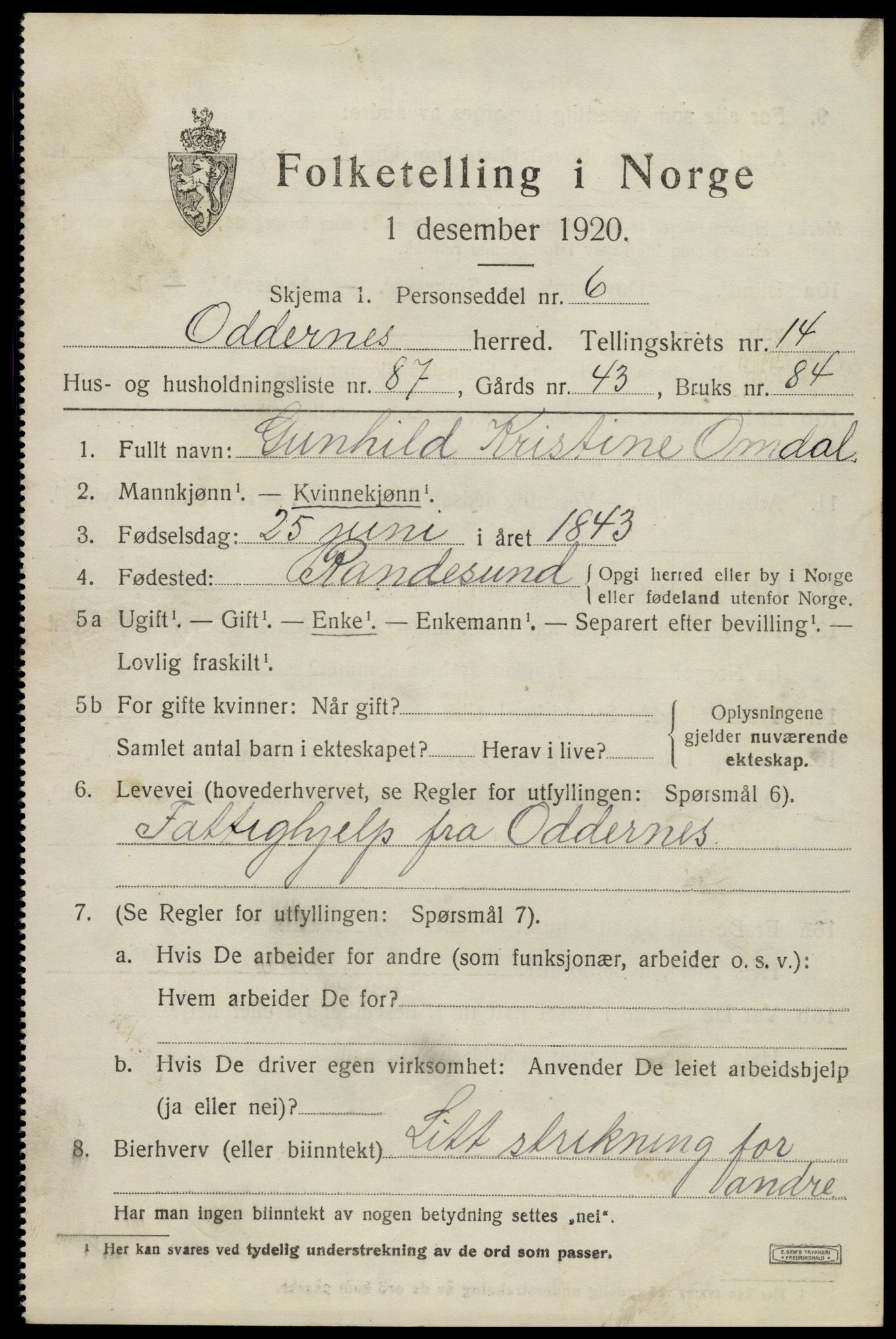 SAK, Folketelling 1920 for 1012 Oddernes herred, 1920, s. 9631