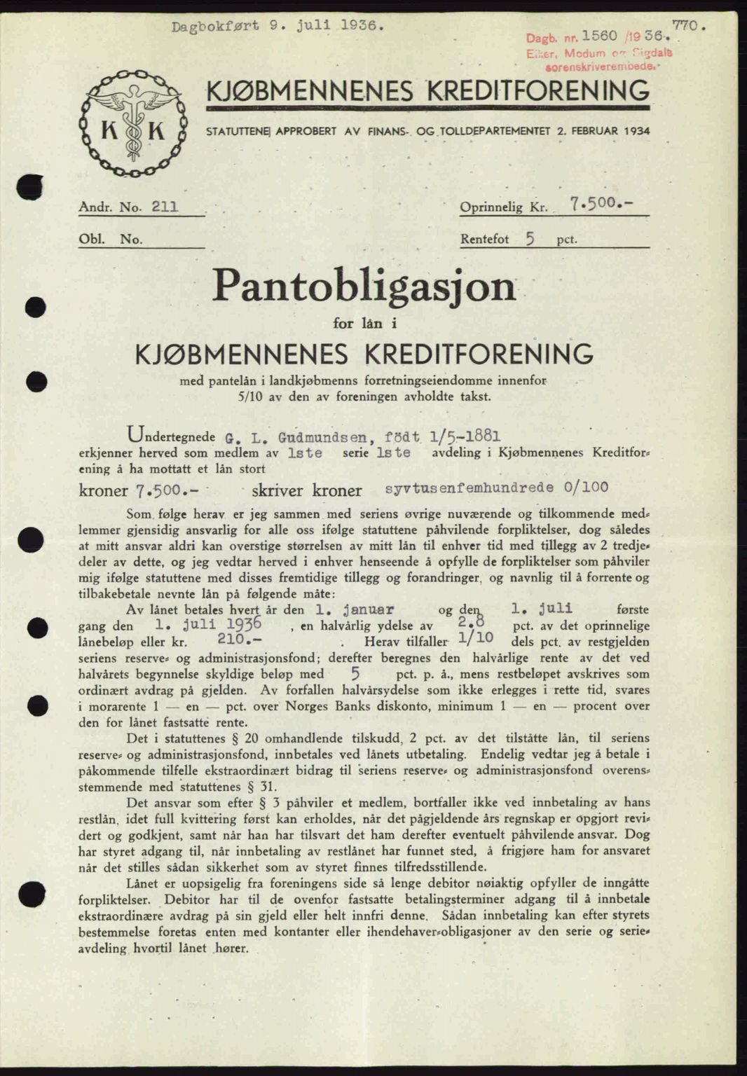 Eiker, Modum og Sigdal sorenskriveri, SAKO/A-123/G/Ga/Gab/L0032: Pantebok nr. A2, 1936-1936, Dagboknr: 1560/1936