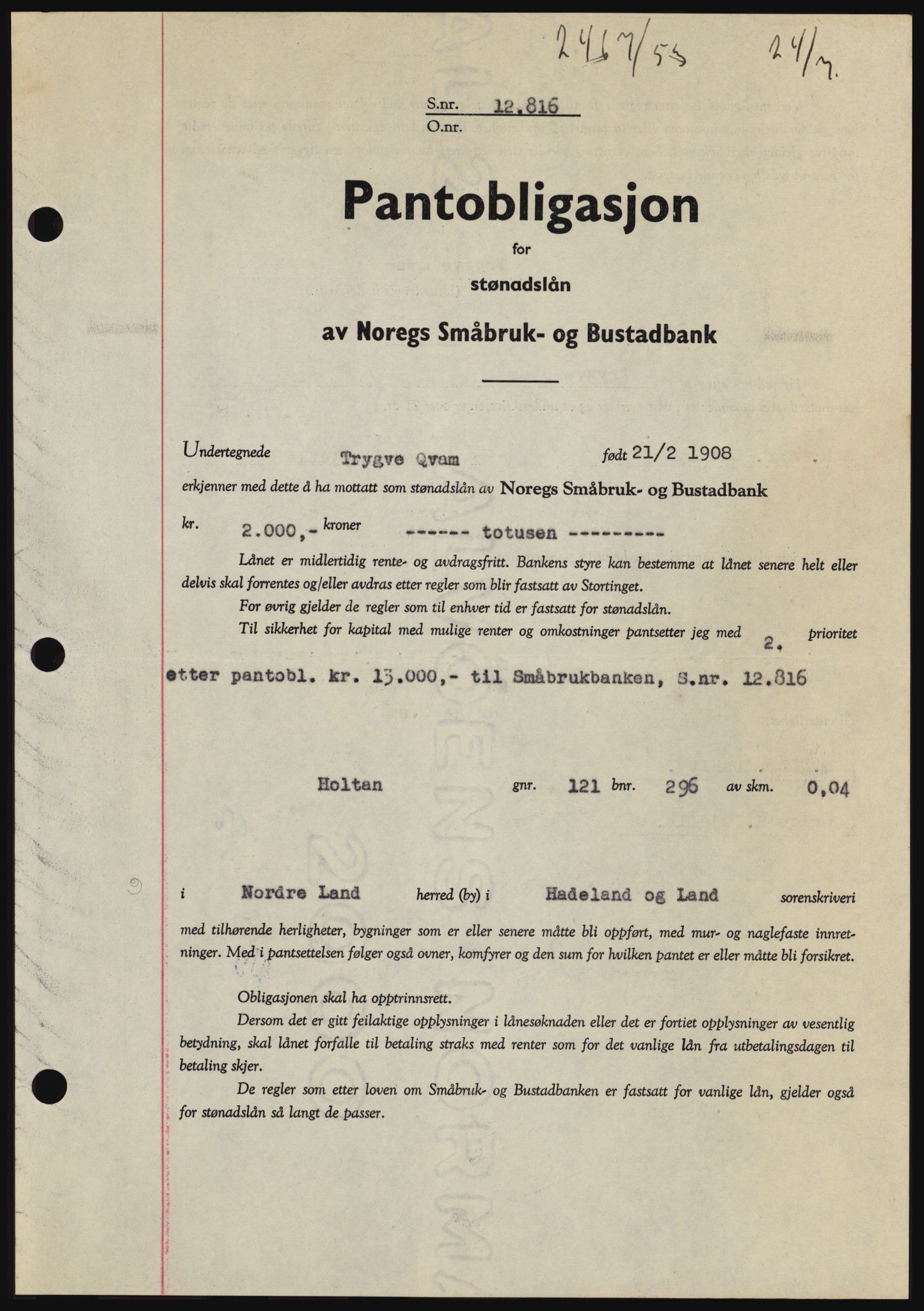 Hadeland og Land tingrett, SAH/TING-010/H/Hb/Hbc/L0027: Pantebok nr. B27, 1953-1953, Dagboknr: 2467/1953