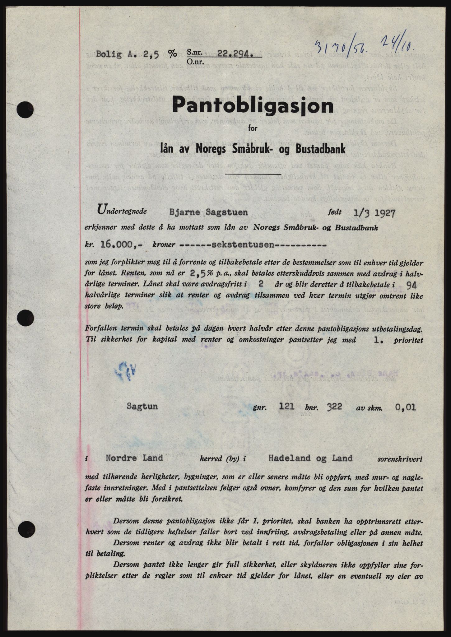 Hadeland og Land tingrett, SAH/TING-010/H/Hb/Hbc/L0035: Pantebok nr. B35, 1956-1957, Dagboknr: 3170/1956