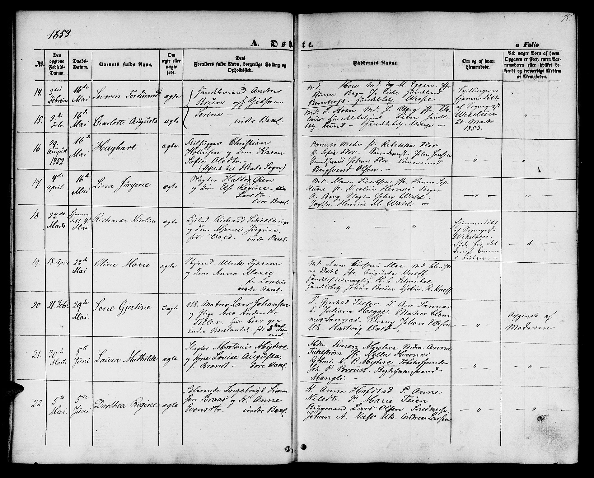 Ministerialprotokoller, klokkerbøker og fødselsregistre - Sør-Trøndelag, SAT/A-1456/604/L0184: Ministerialbok nr. 604A05, 1851-1860, s. 15