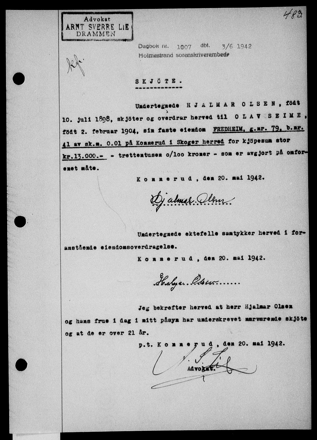 Holmestrand sorenskriveri, SAKO/A-67/G/Ga/Gaa/L0055: Pantebok nr. A-55, 1942-1942, Dagboknr: 1007/1942