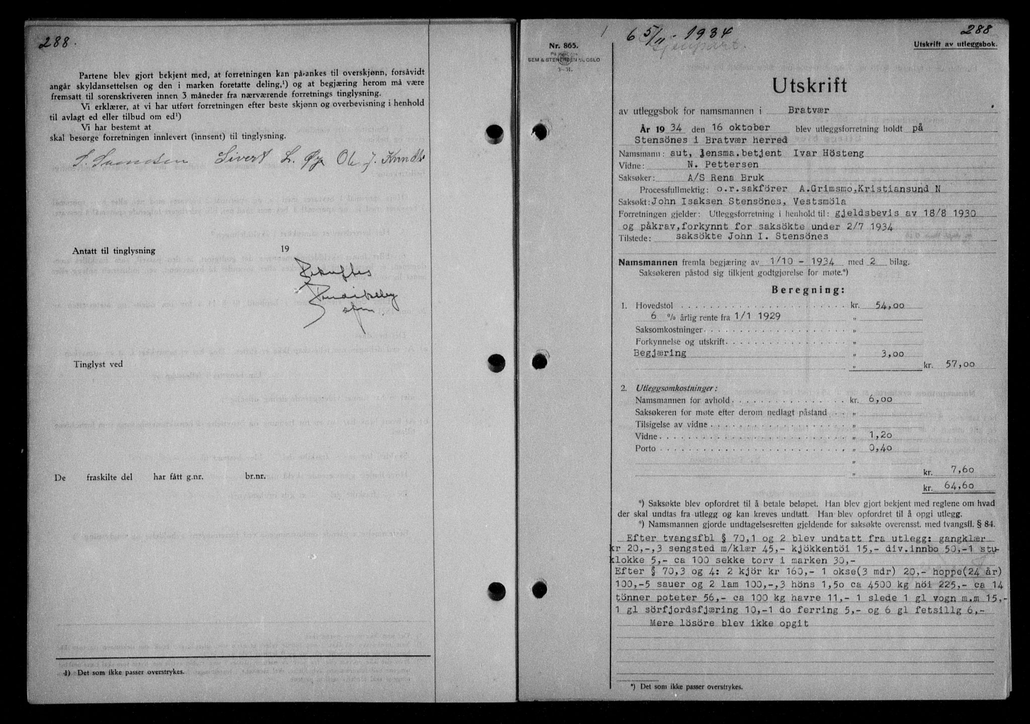 Nordmøre sorenskriveri, AV/SAT-A-4132/1/2/2Ca/L0082: Pantebok nr. 72, 1934-1934, Tingl.dato: 05.11.1934