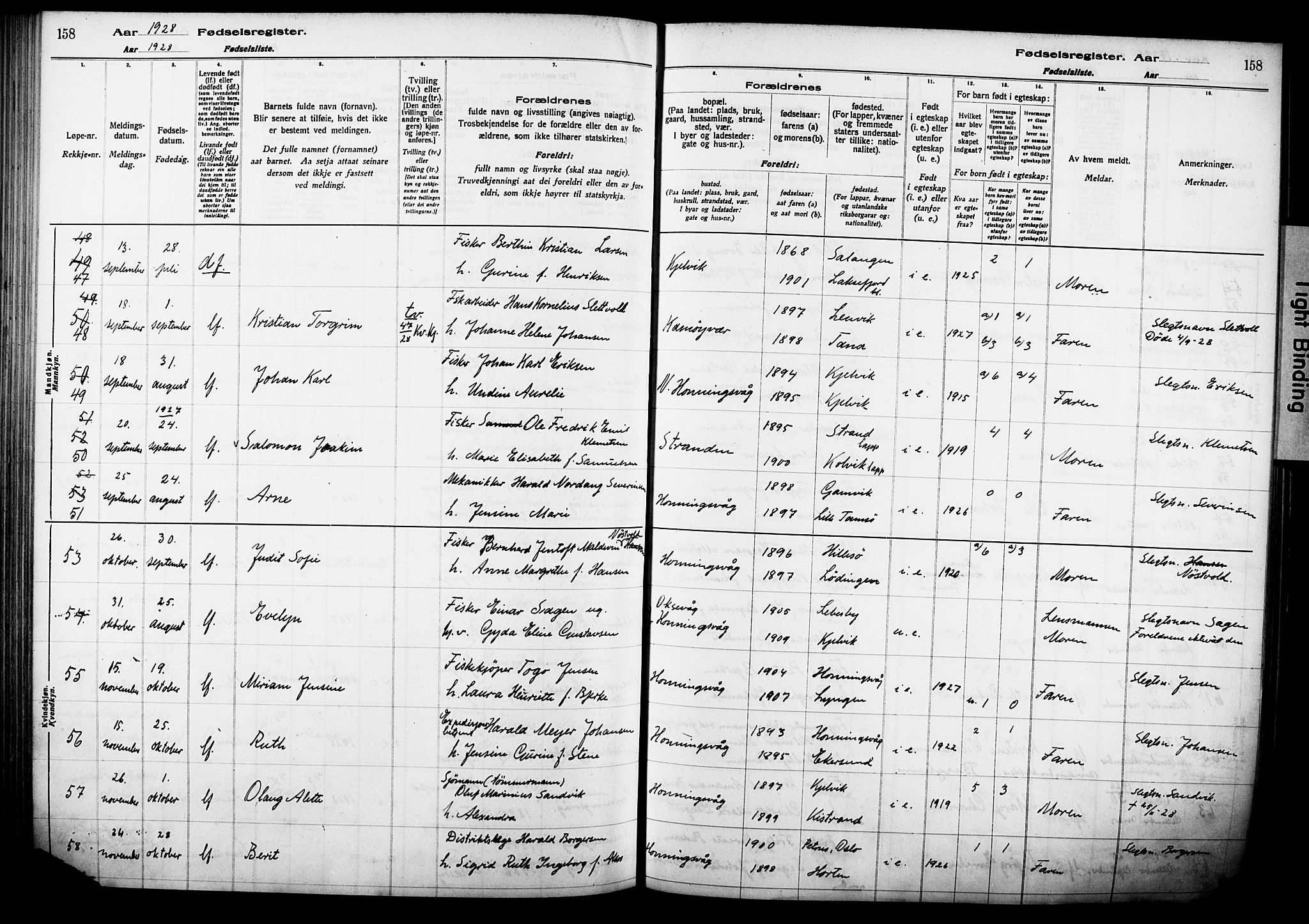 Kjelvik/Nordkapp sokneprestkontor, AV/SATØ-S-1350/I/Ia/L0015: Fødselsregister nr. 15, 1916-1930, s. 158