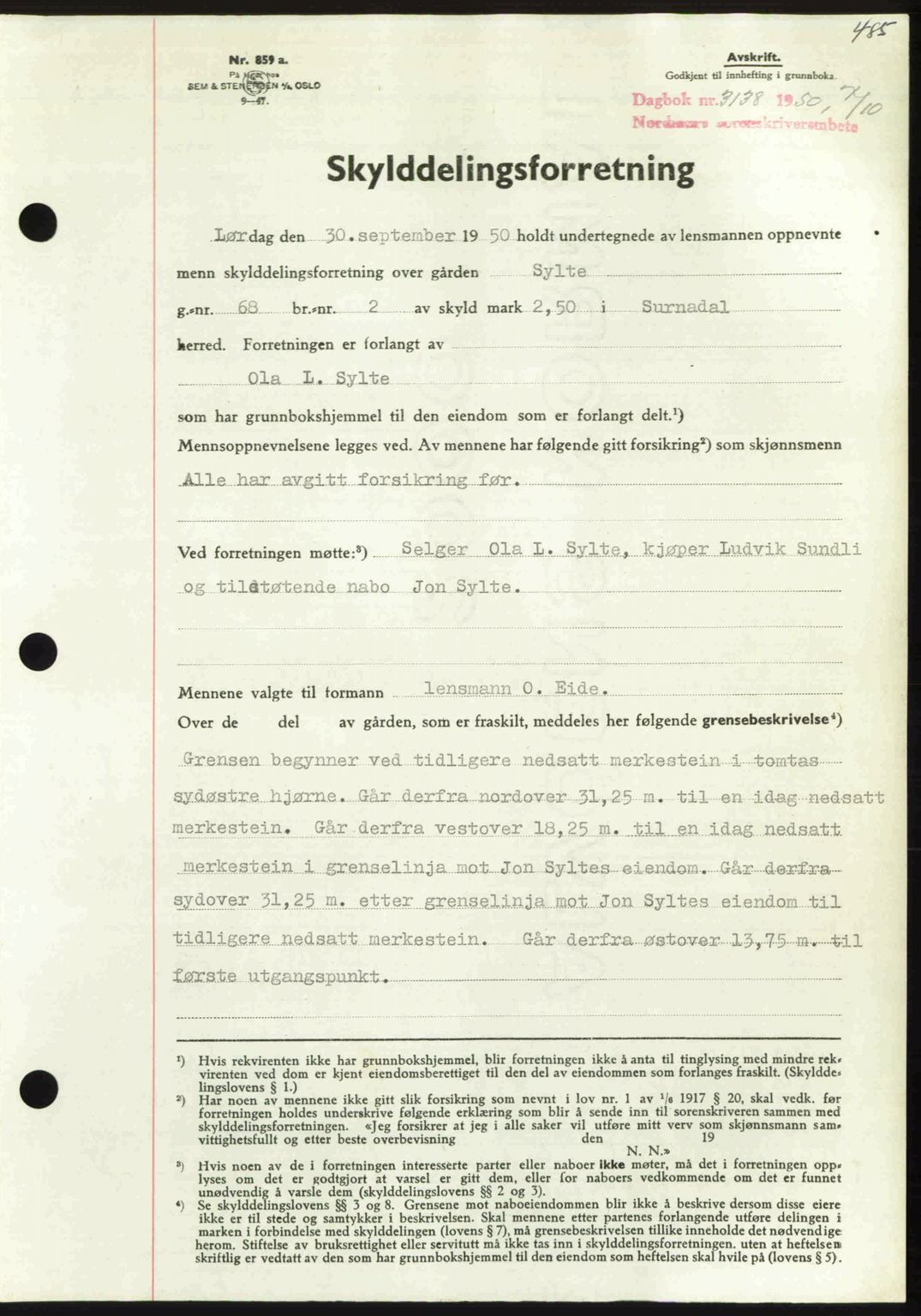 Nordmøre sorenskriveri, SAT/A-4132/1/2/2Ca: Pantebok nr. A116, 1950-1950, Dagboknr: 3138/1950