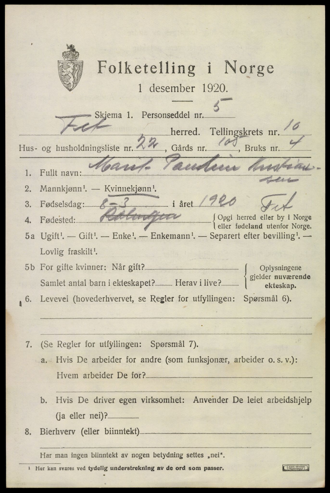 SAO, Folketelling 1920 for 0227 Fet herred, 1920, s. 10302