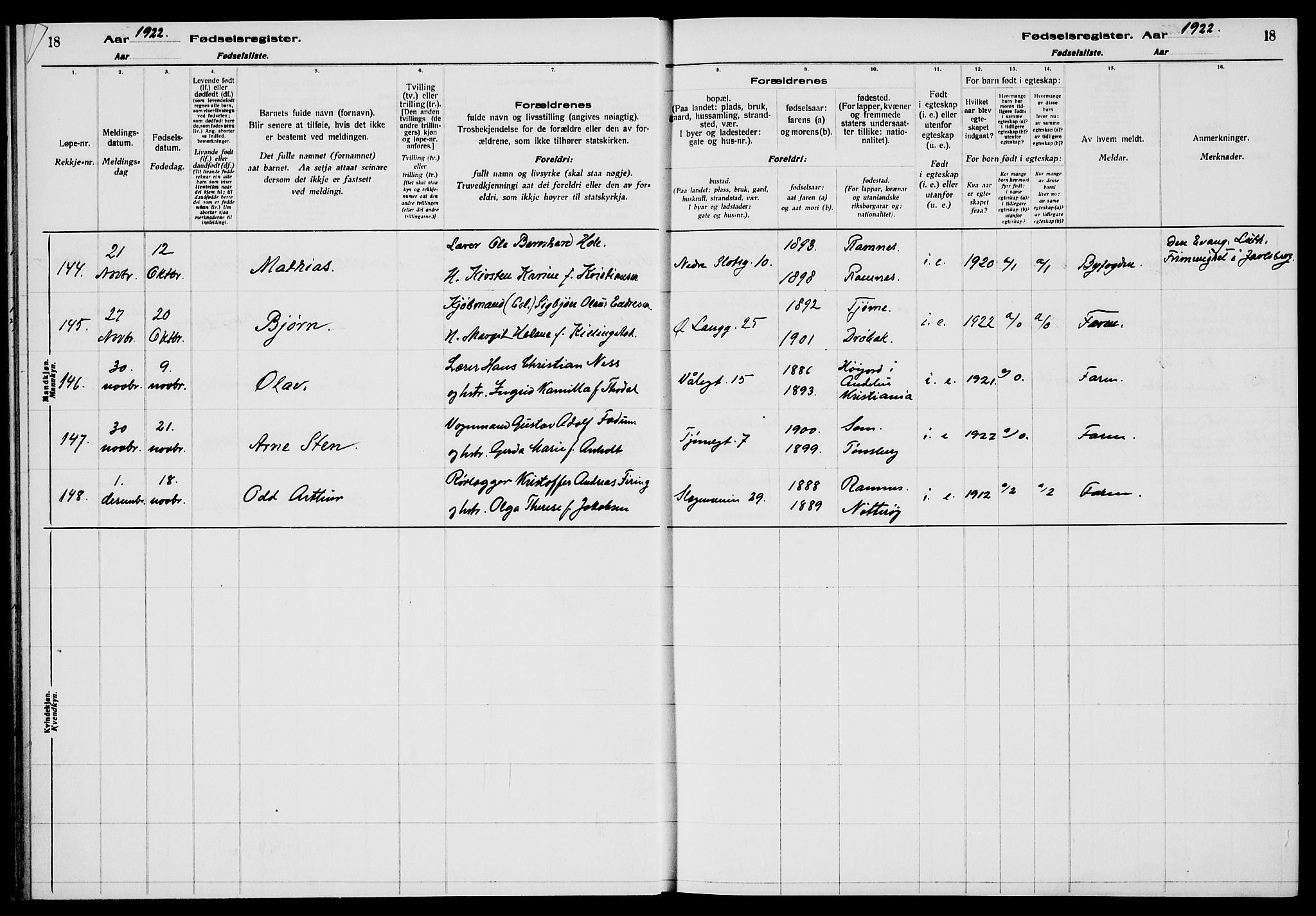 Tønsberg kirkebøker, AV/SAKO-A-330/J/Ja/L0002: Fødselsregister nr. 2, 1922-1928, s. 18