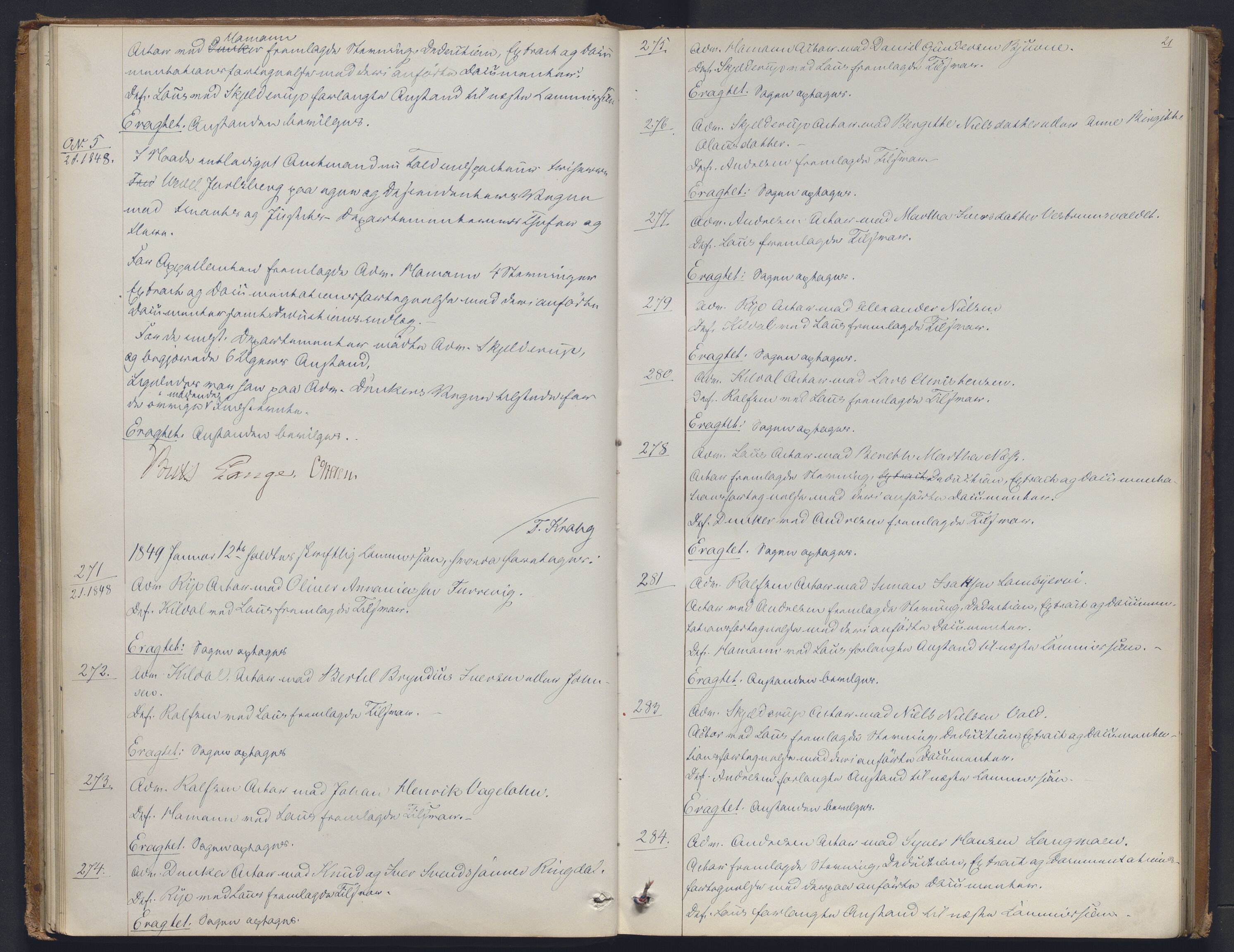 Høyesterett, AV/RA-S-1002/E/Ef/L0008: Protokoll over saker som gikk til skriftlig behandling, 1848-1852, s. 20b-21a
