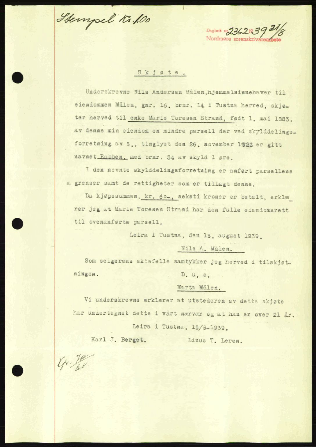Nordmøre sorenskriveri, SAT/A-4132/1/2/2Ca: Pantebok nr. A87, 1939-1940, Dagboknr: 2362/1939