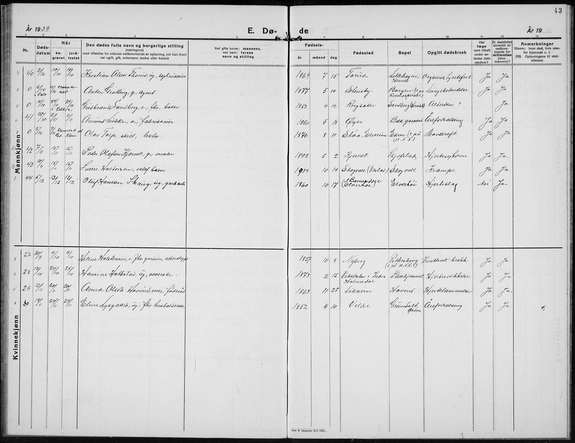 Elverum prestekontor, SAH/PREST-044/H/Ha/Hab/L0017: Klokkerbok nr. 17, 1932-1941, s. 43