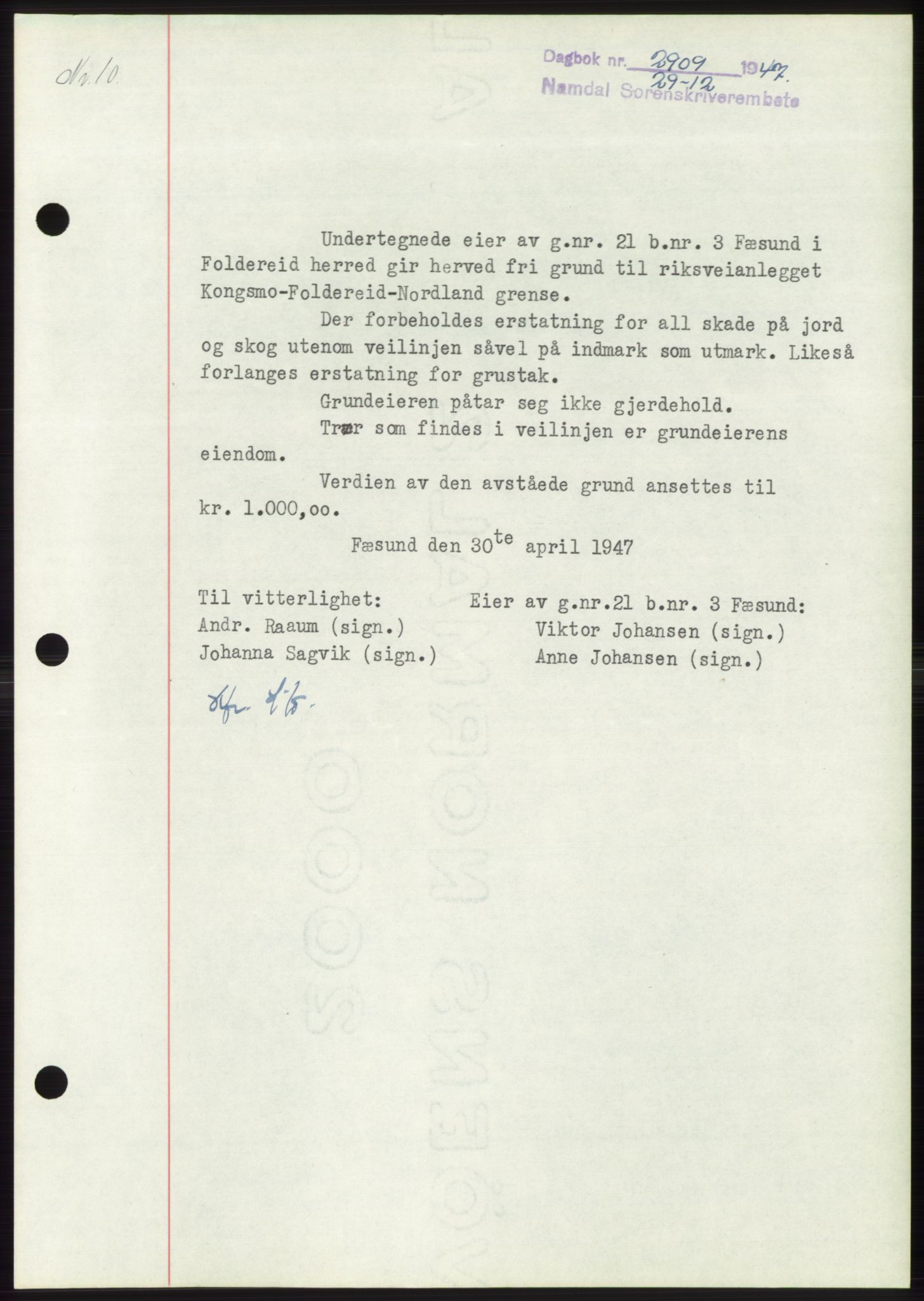 Namdal sorenskriveri, SAT/A-4133/1/2/2C: Pantebok nr. -, 1947-1948, Dagboknr: 2909/1947